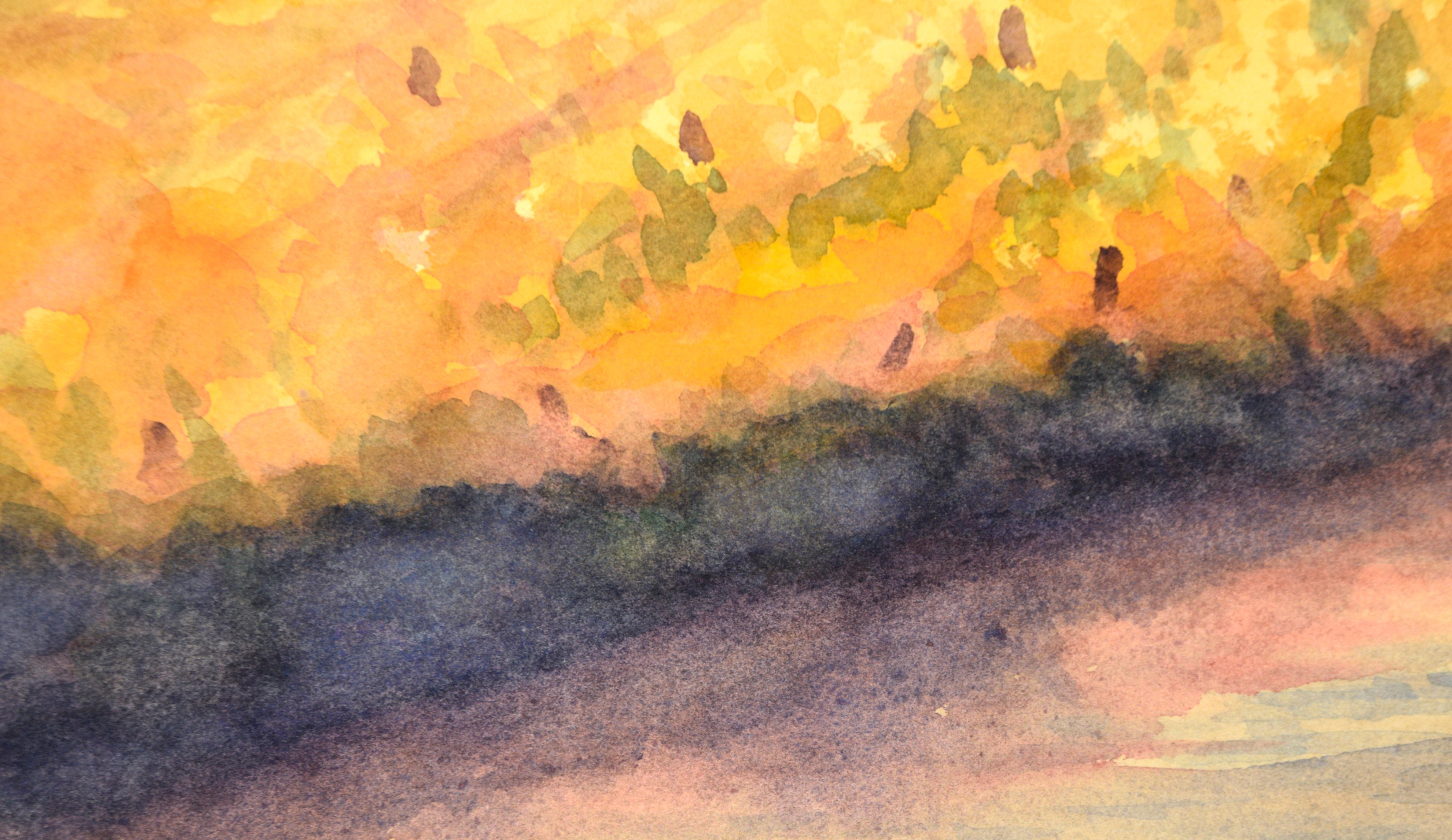Golden Hour at the River - Watercolor Landscape on Paper For Sale 2