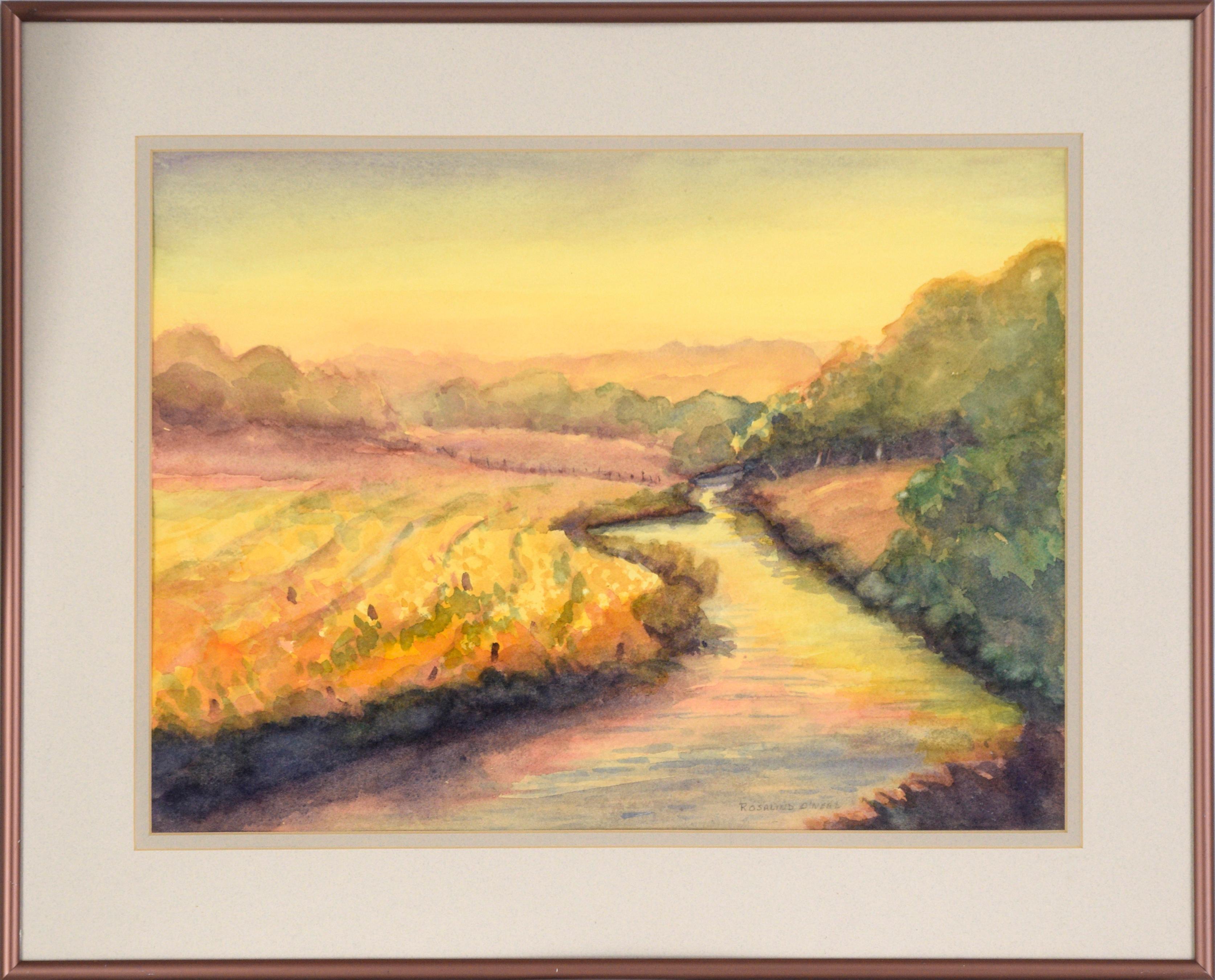 Golden Hour at the River – Aquarell-Landschaft auf Papier