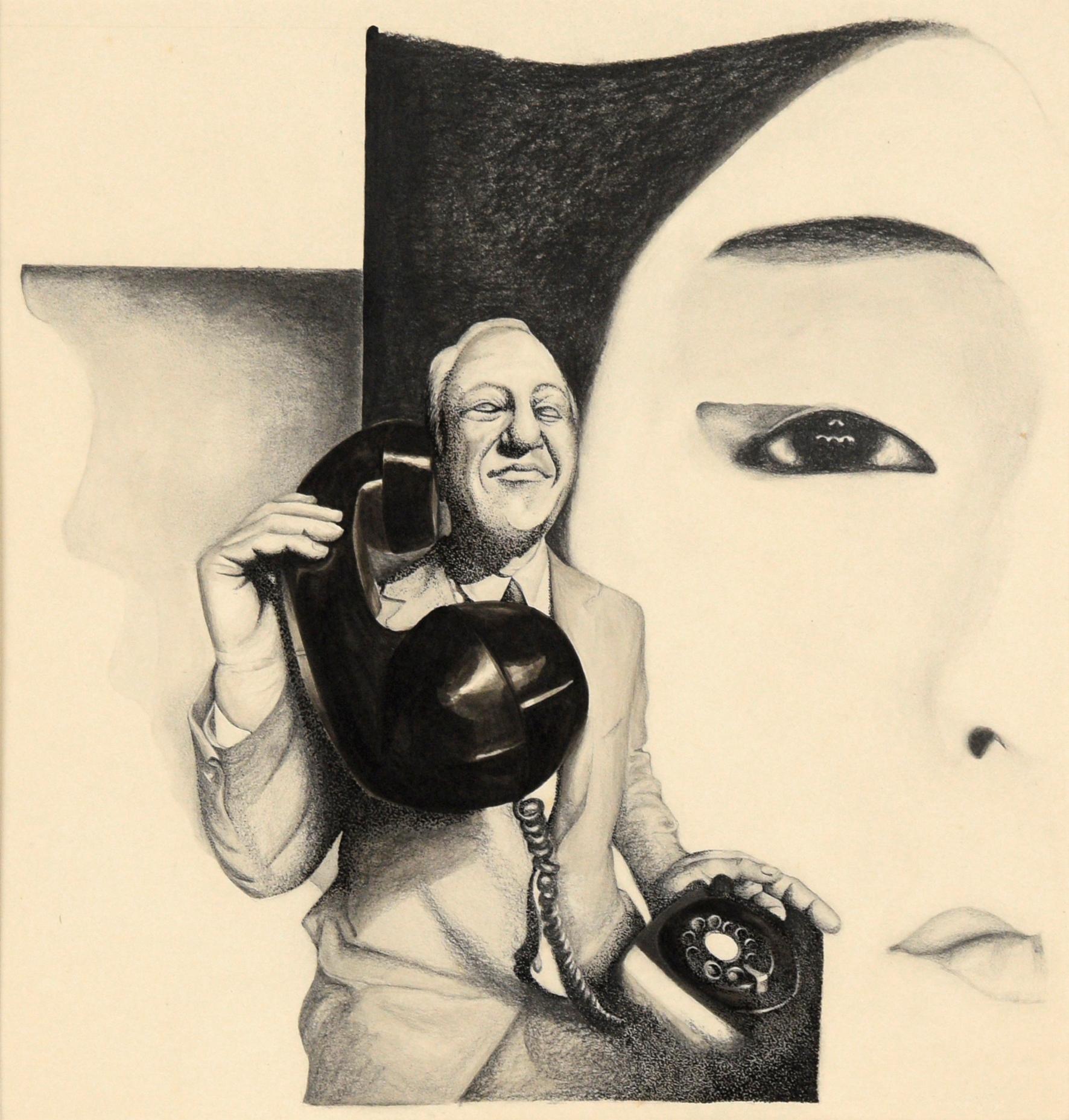 Man with Telephone - Surrealist Black and White Portrait in Ink on Paper - Art by Unknown