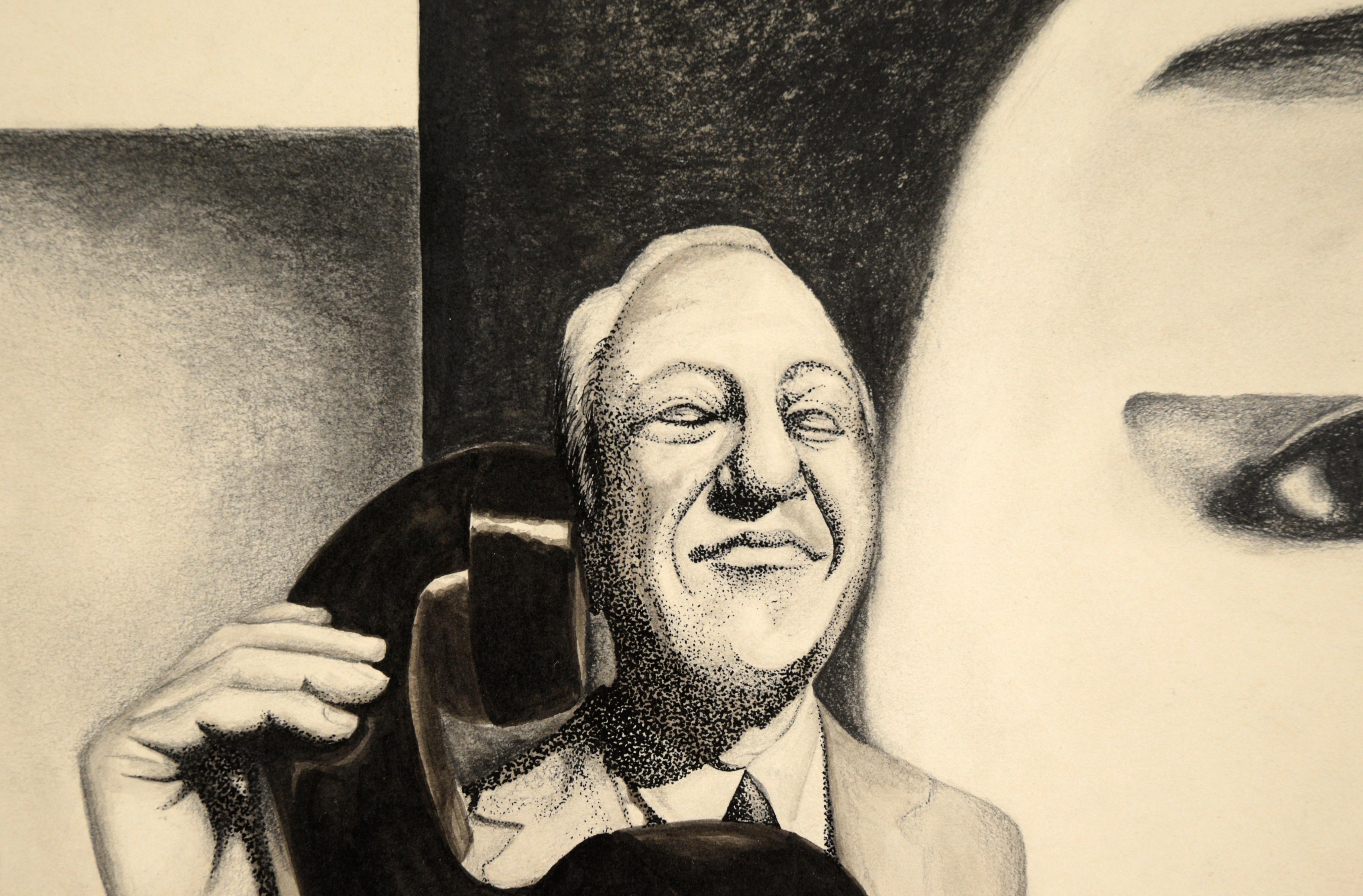 Man with Telephone - Surrealist Black and White Portrait in Ink on Paper

Surrealist composition by an unknown artist (20th Century). A man dressed in a suit holds an oversized telephone. He is reminiscent of a statue, as his eyes are notably devoid