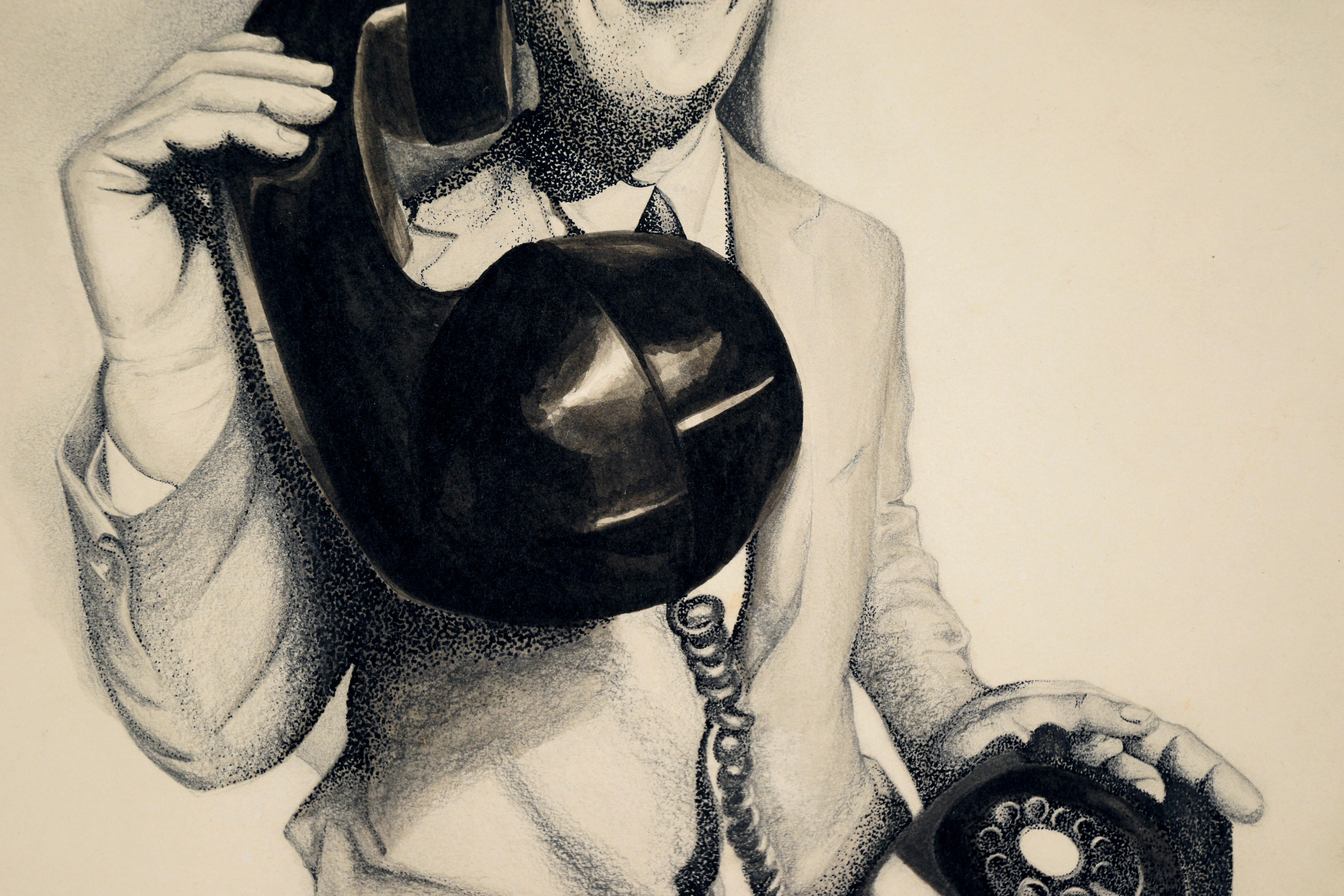 Man with Telephone - Surrealist Black and White Portrait in Ink on Paper

Surrealist composition by an unknown artist (20th Century). A man dressed in a suit holds an oversized telephone. He is reminiscent of a statue, as his eyes are notably devoid