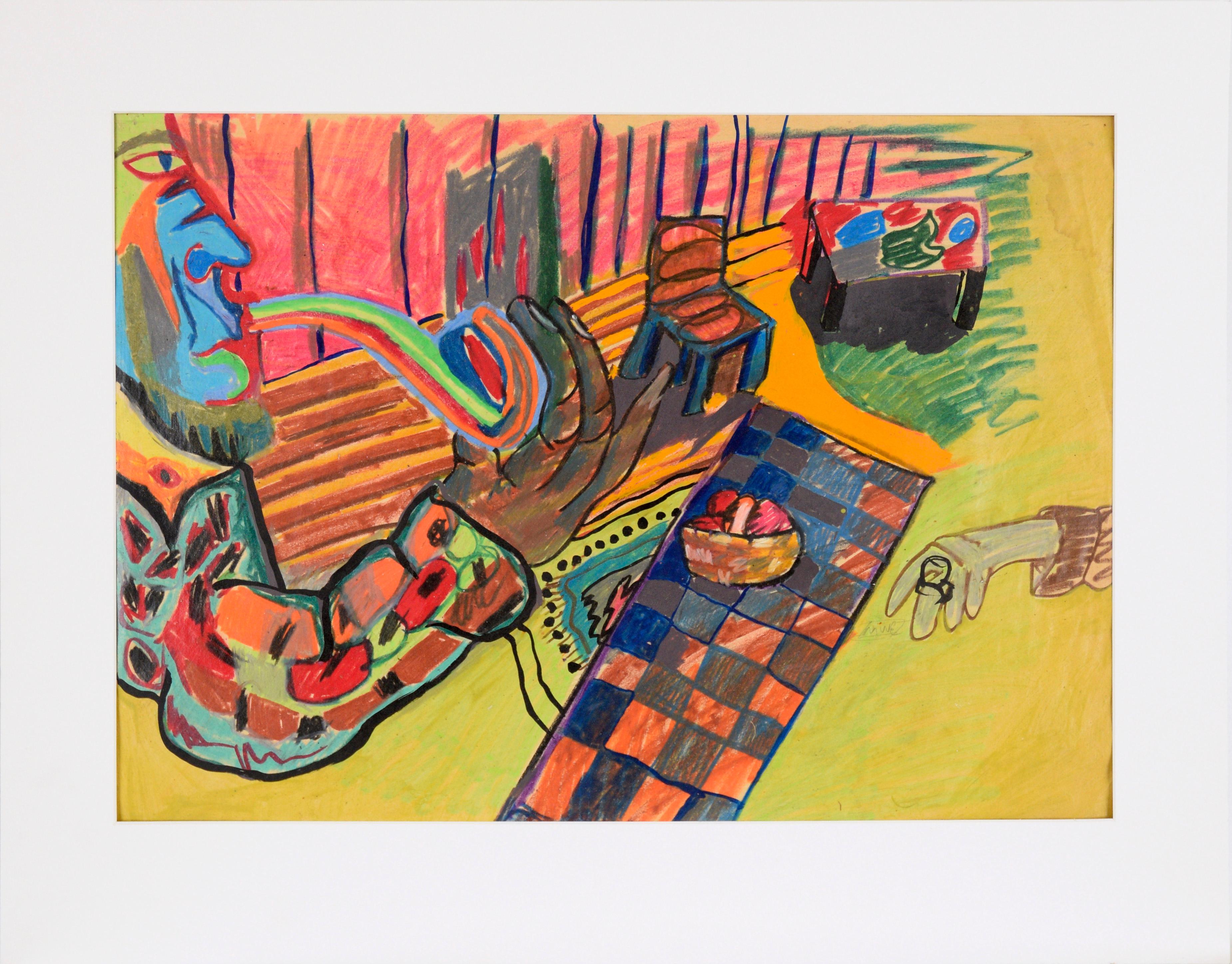 The Rainbow Pipe - Fauvist Portrait and Interior in Pastel on Paper - Art by Michael William Eggleston