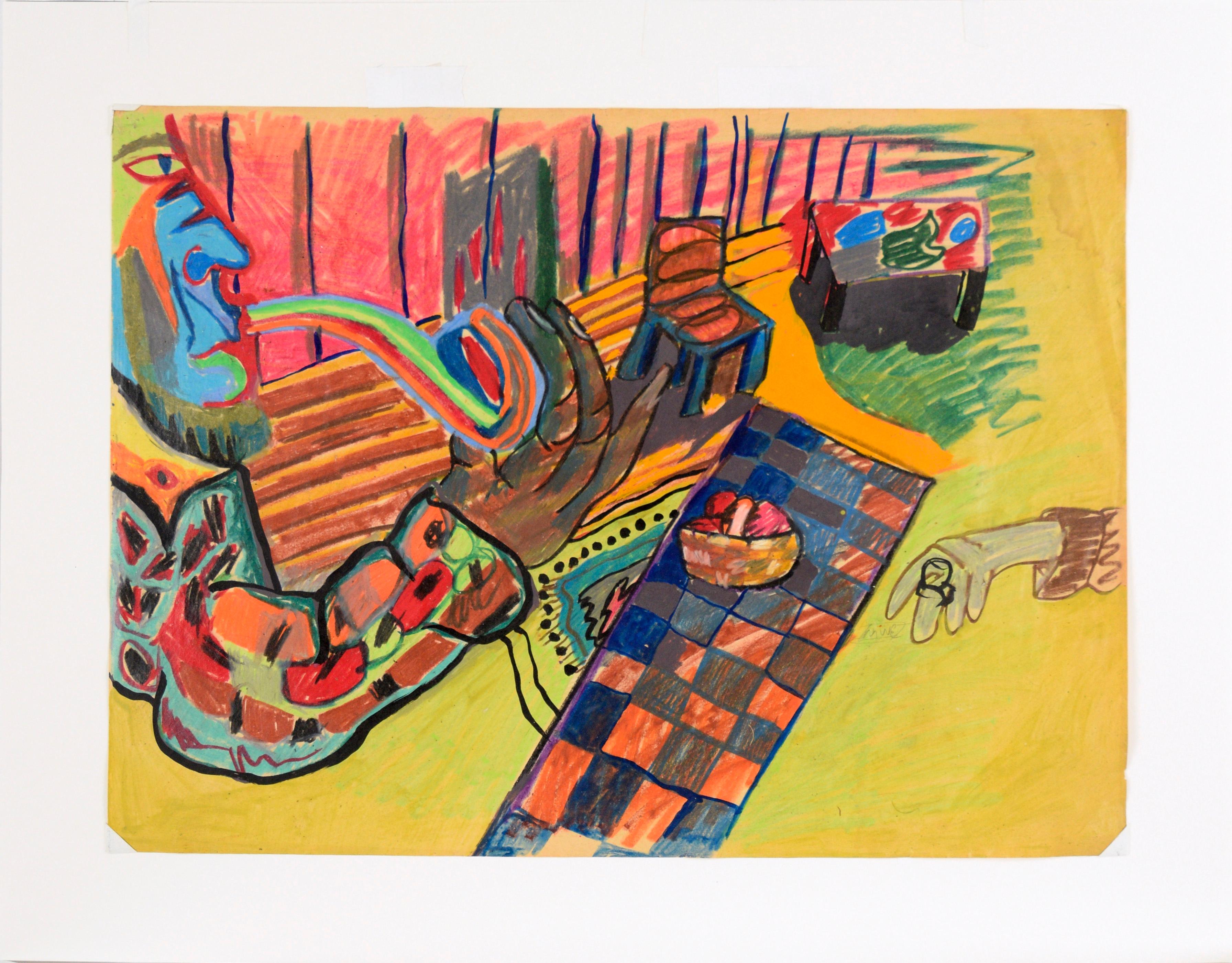 The Rainbow Pipe - Fauvist Portrait and Interior in Pastel on Paper For Sale 4
