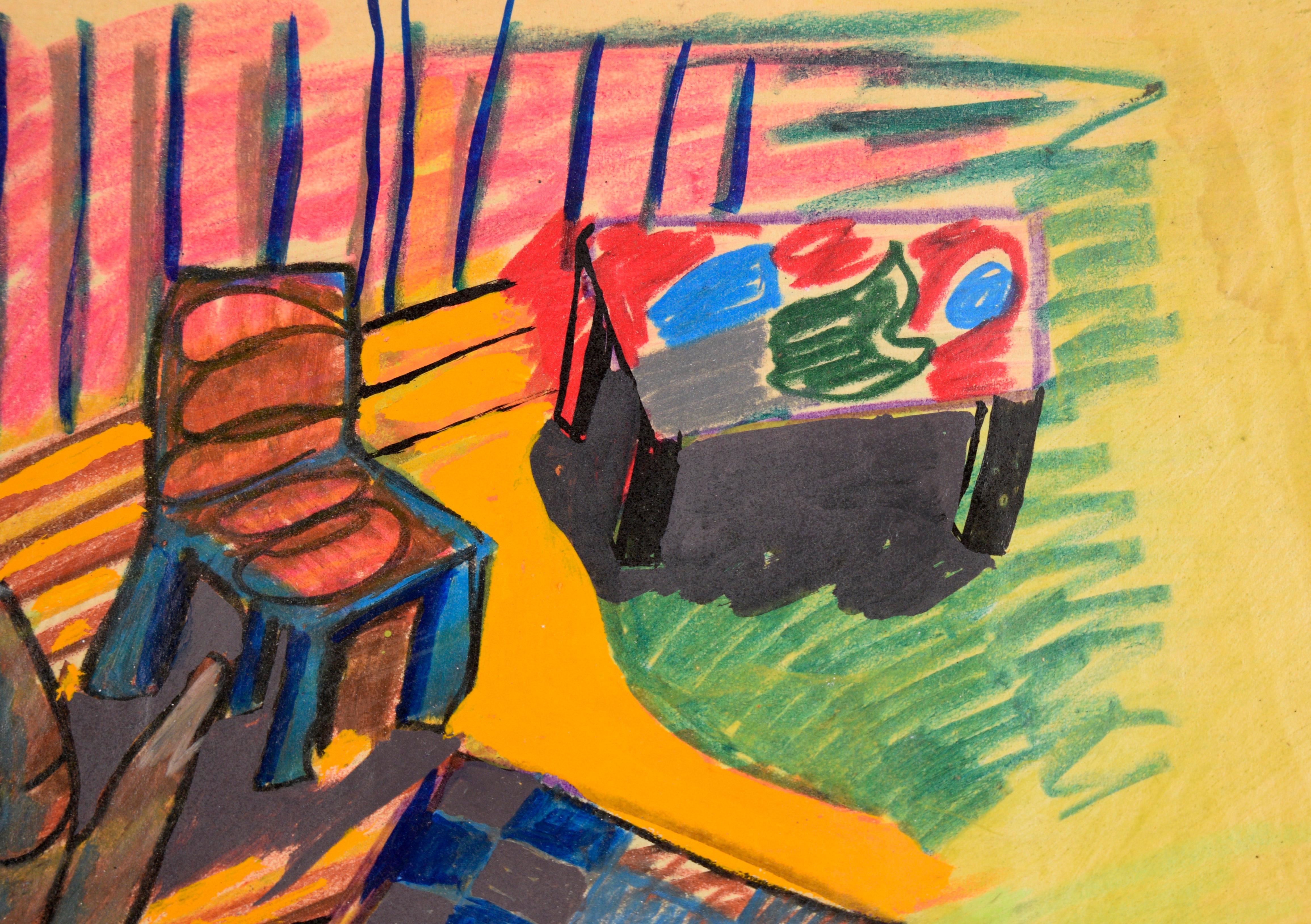 Die Regenbogenpfeife - Fauvistisches Porträt und Interieur in Pastell auf Papier

Leuchtend farbiges abstraktes Porträt von Michael William Eggleston (Amerikaner, 20. Jahrhundert). Eine blaugesichtige Figur auf der linken Seite der Komposition