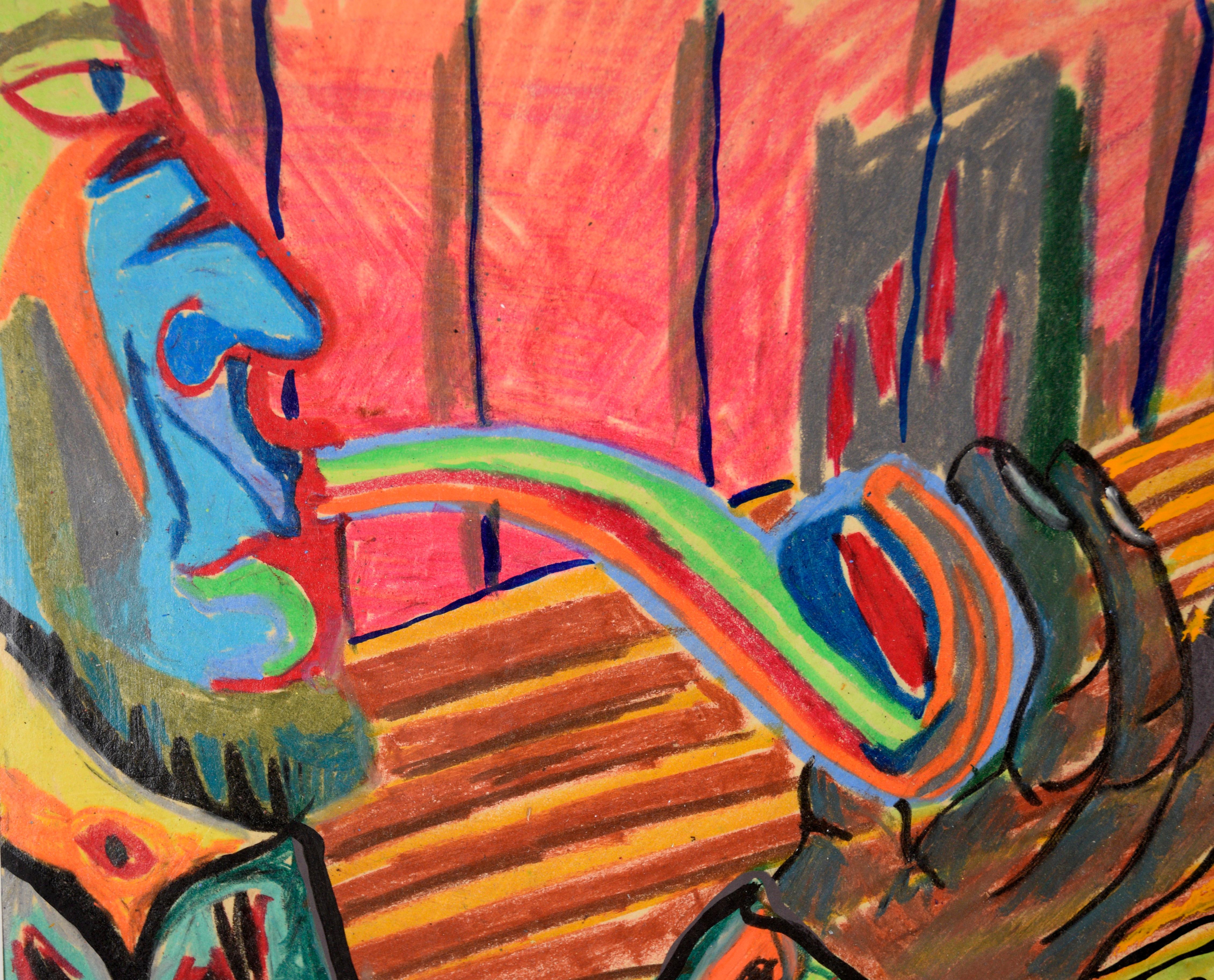 La pipe arc-en-ciel - Portrait et intérieur fauves au pastel sur papier

Portrait abstrait aux couleurs vives de Michael William Eggleston (américain, 20e siècle). Un personnage au visage bleu, sur le côté gauche de la composition, fume une grande