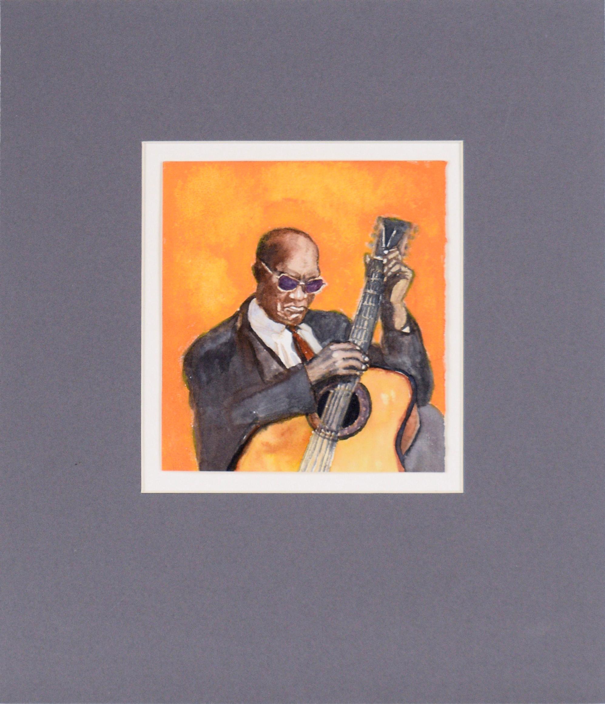 Brian Rounds Portrait - "Rev. Gary Davis" - Figurative Watercolor of a Guitar Player on Paper
