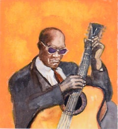 "Rev. Gary Davis - Figuratives Aquarell eines Gitarrenspielers auf Papier