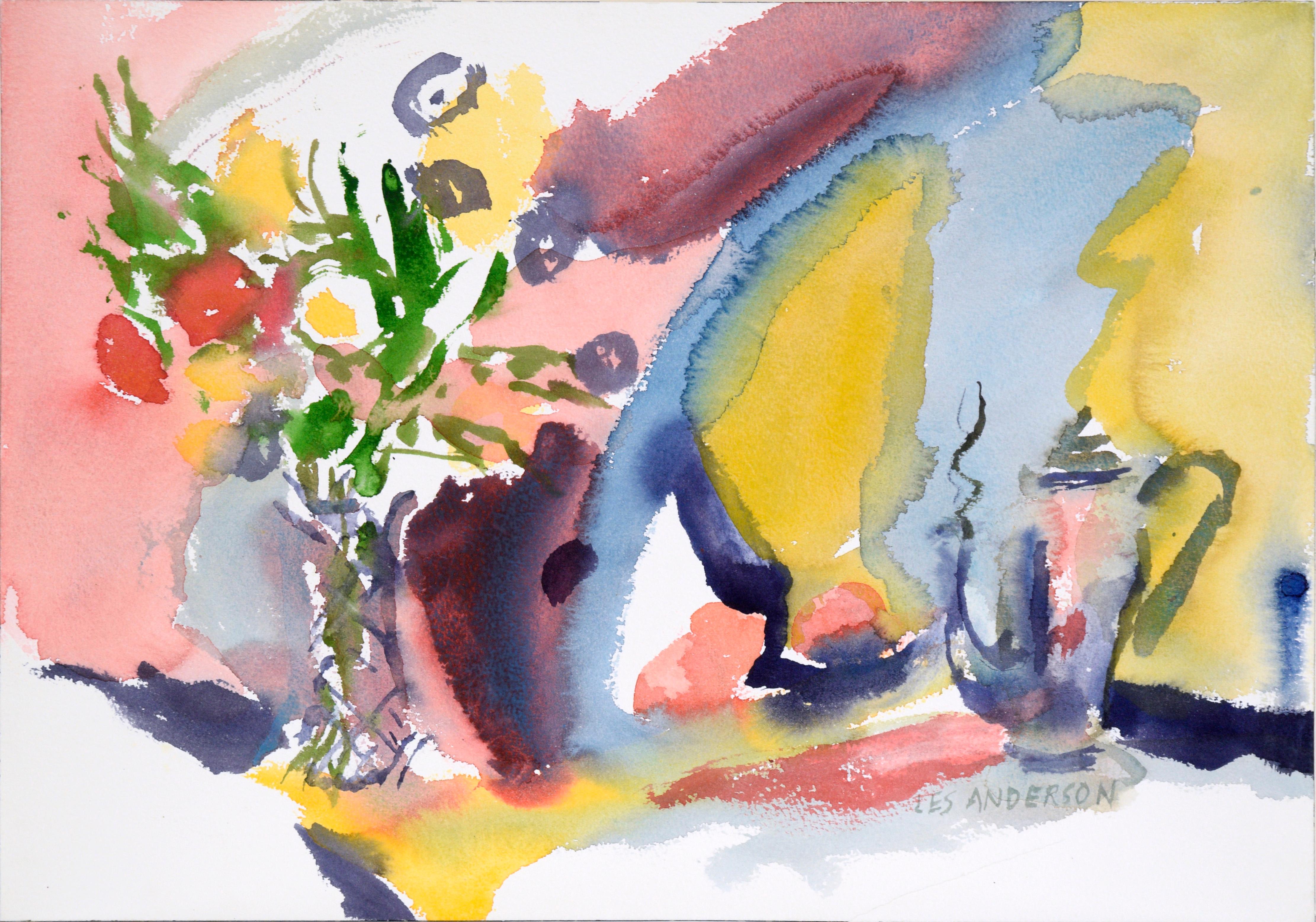 Abstraktes Stillleben mit Blumenstrauß und Teekanne in Aquarell auf Papier