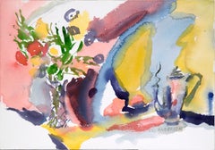 Vintage Abstract Still Life with Bouquet and Teapot in Watercolor on Paper
