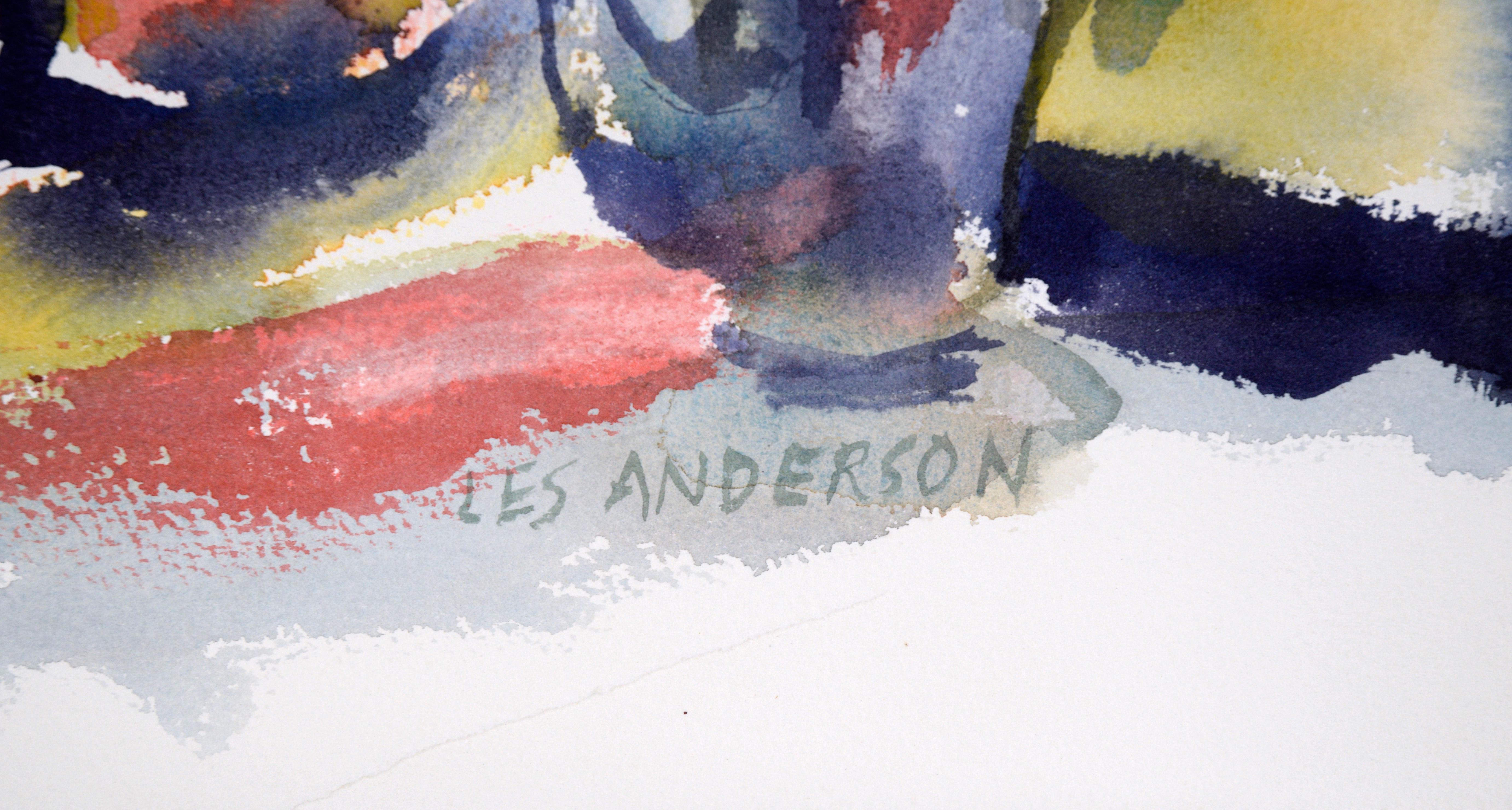 Abstract Still Life with Bouquet and Teapot in Watercolor on Paper - American Impressionist Art by Les Anderson