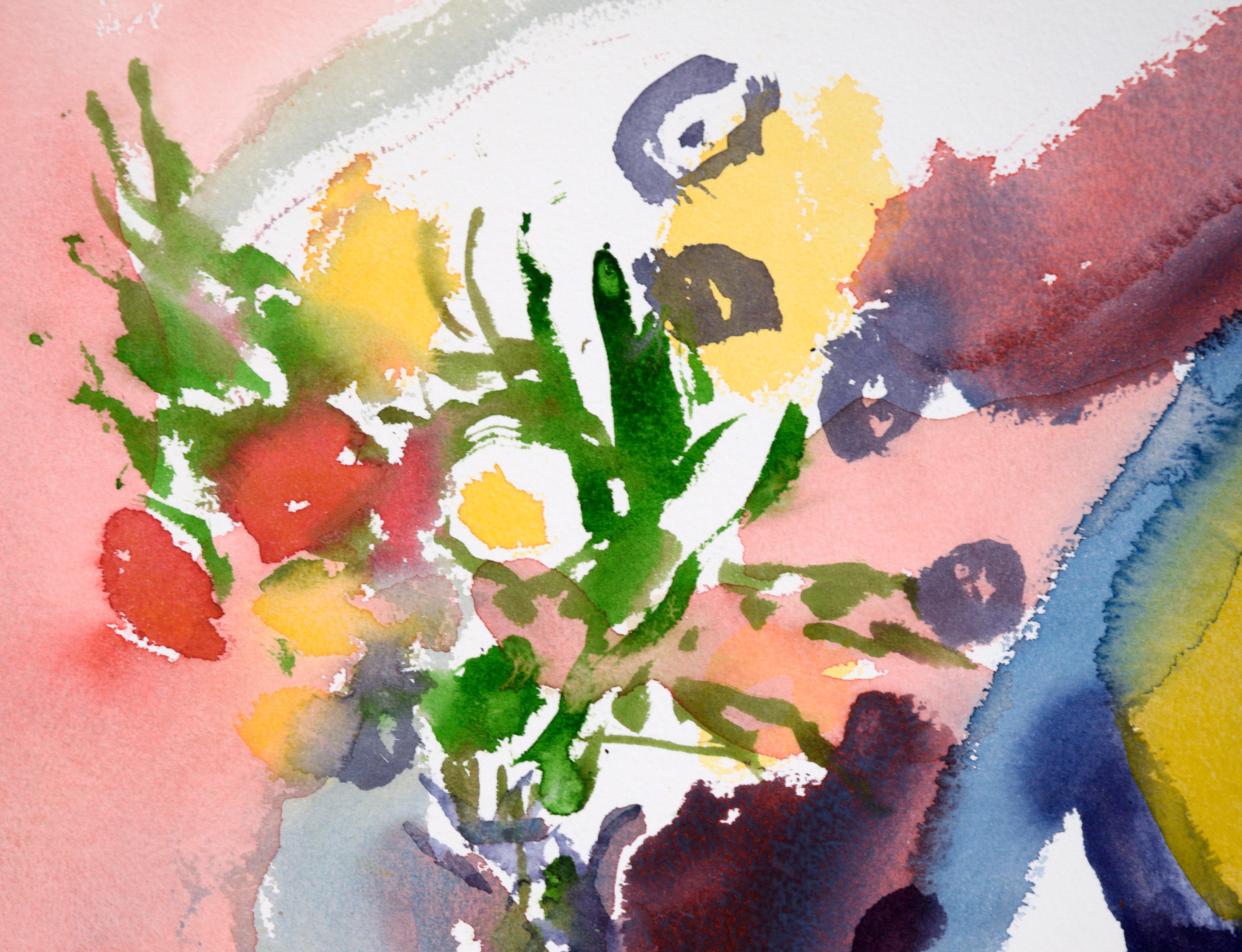 Abstract Still Life with Bouquet and Teapot in Watercolor on Paper - Art by Les Anderson