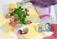 Abstract Still Life with Roses and Coffee Set in Watercolor on Paper