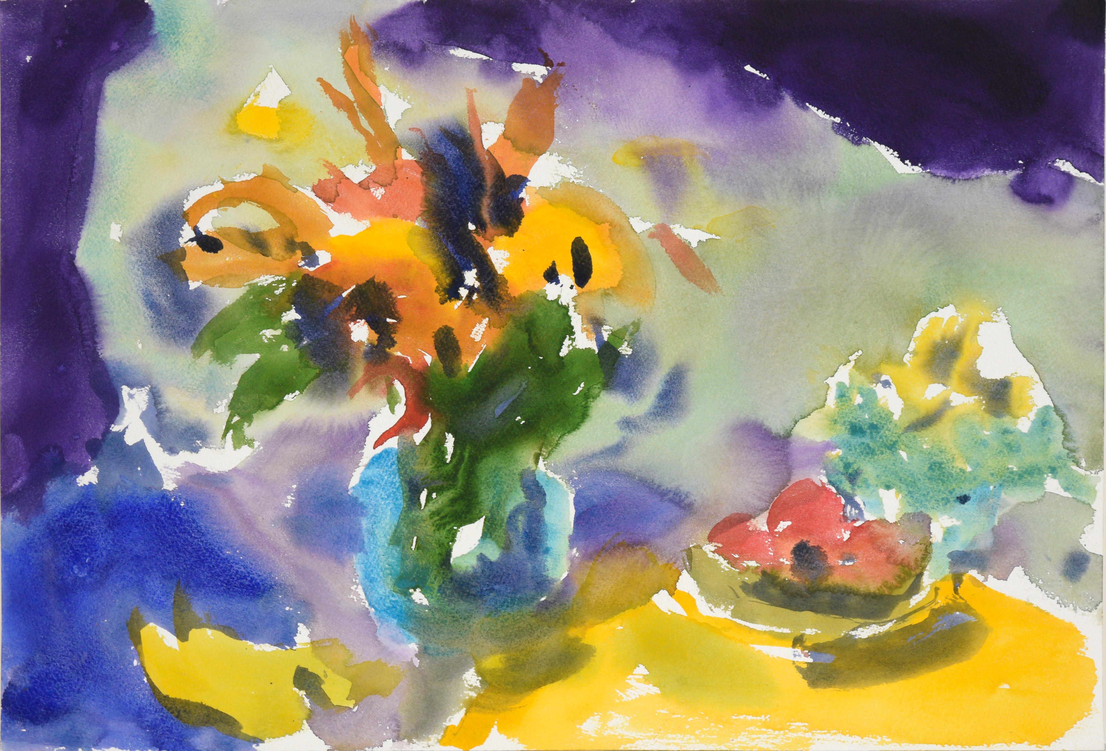 Les Anderson Interior Art - Abstract Still Life with Bouquets and Fruit in Watercolor on Paper