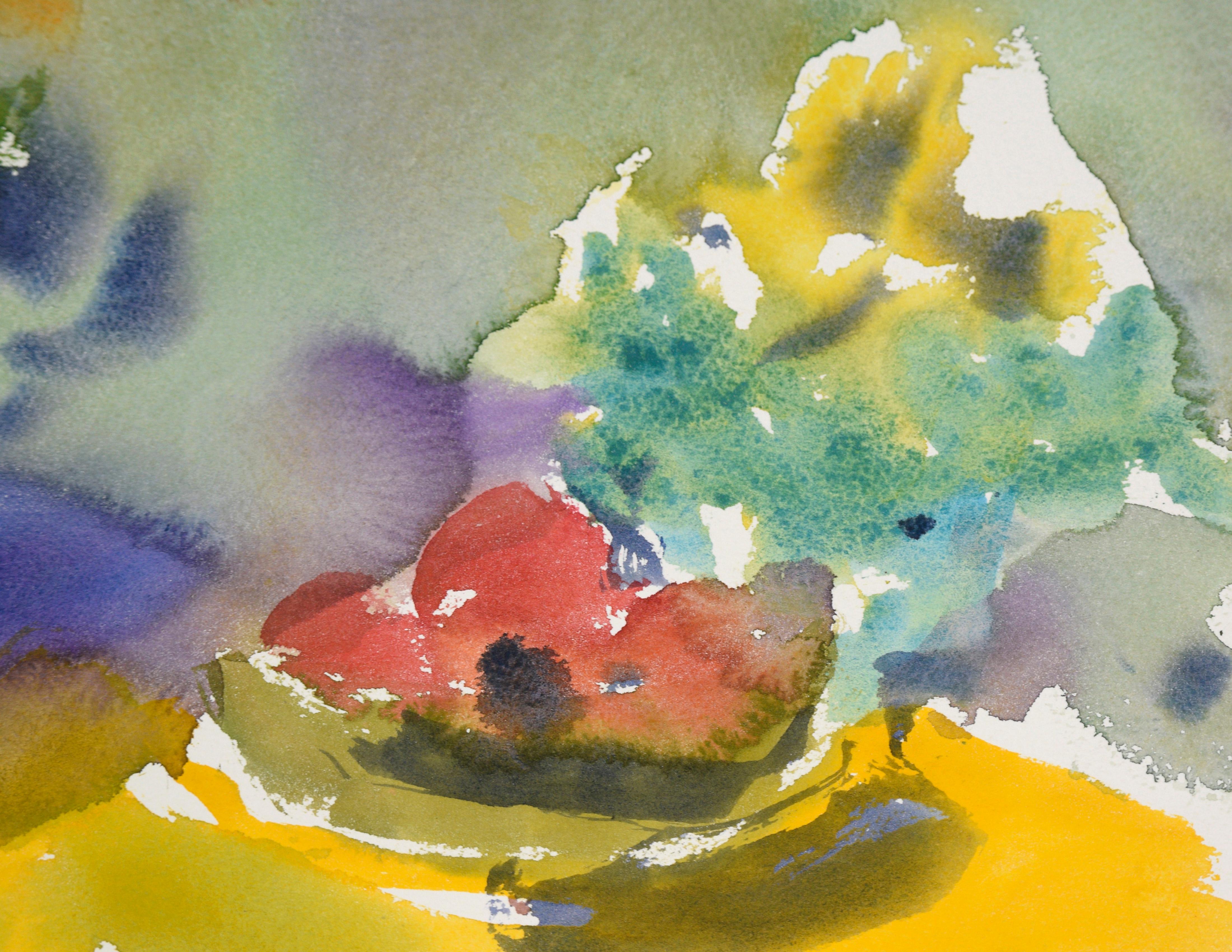 Abstraktes Stillleben mit Blumensträußen und Früchten in Aquarell auf Papier (Amerikanischer Impressionismus), Art, von Les Anderson