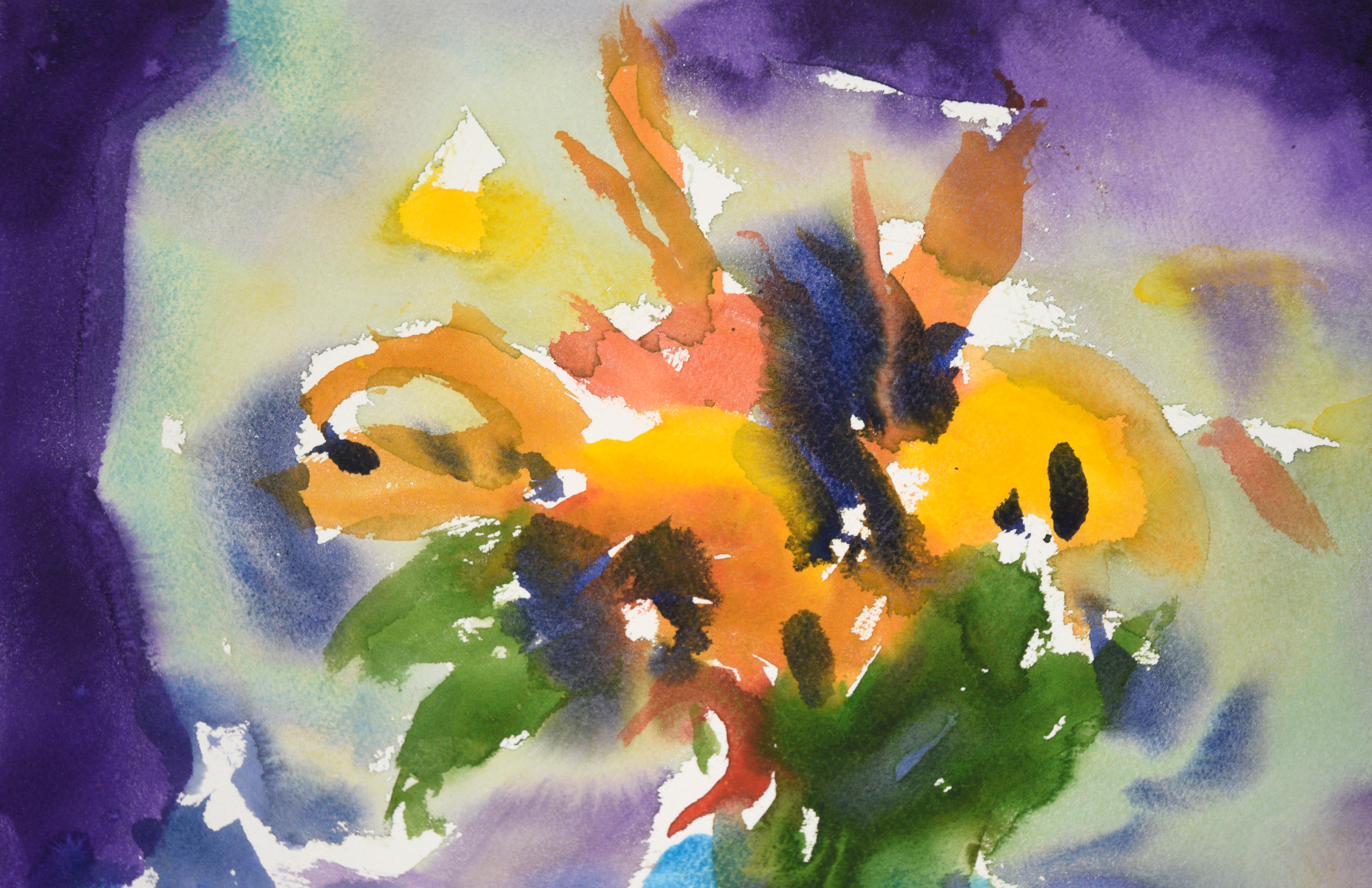 Abstraktes Stillleben mit Blumensträußen und Früchten in Aquarell auf Papier – Art von Les Anderson