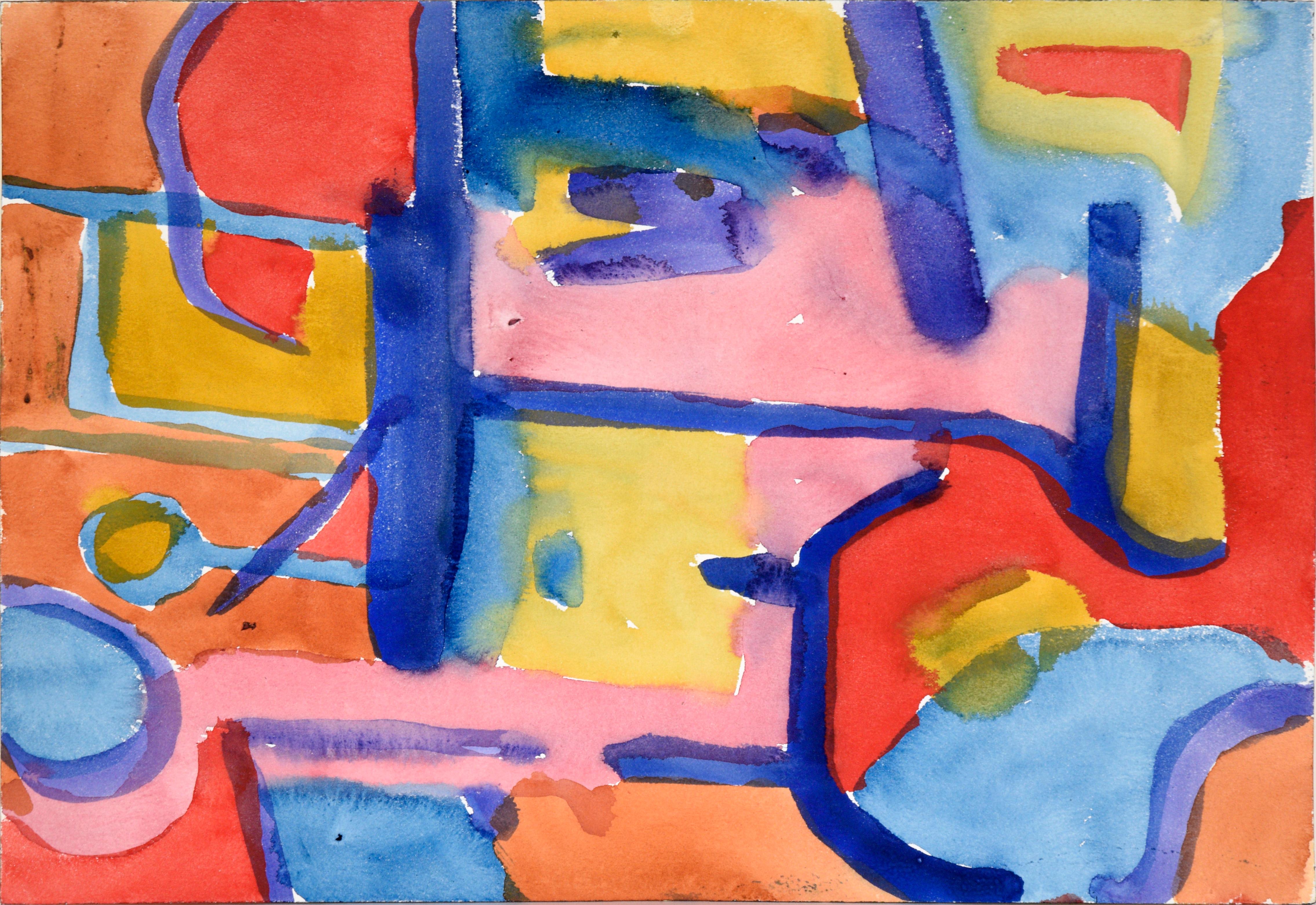 Les Anderson Abstract Drawing - Blue, Pink & Red Abstract in Watercolor on Paper