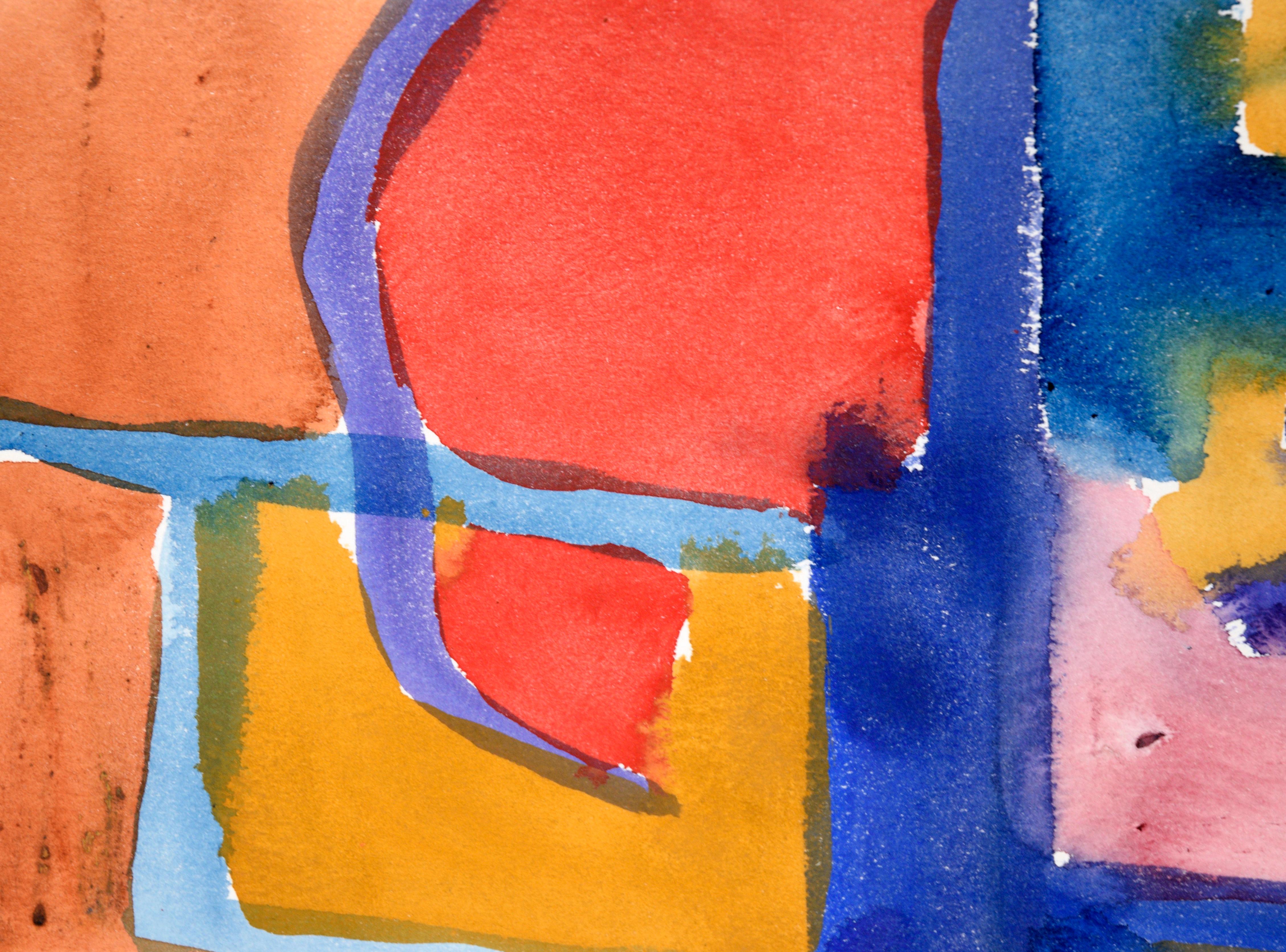 Blue, Pink & Red Abstract in Watercolor on Paper - Art by Les Anderson