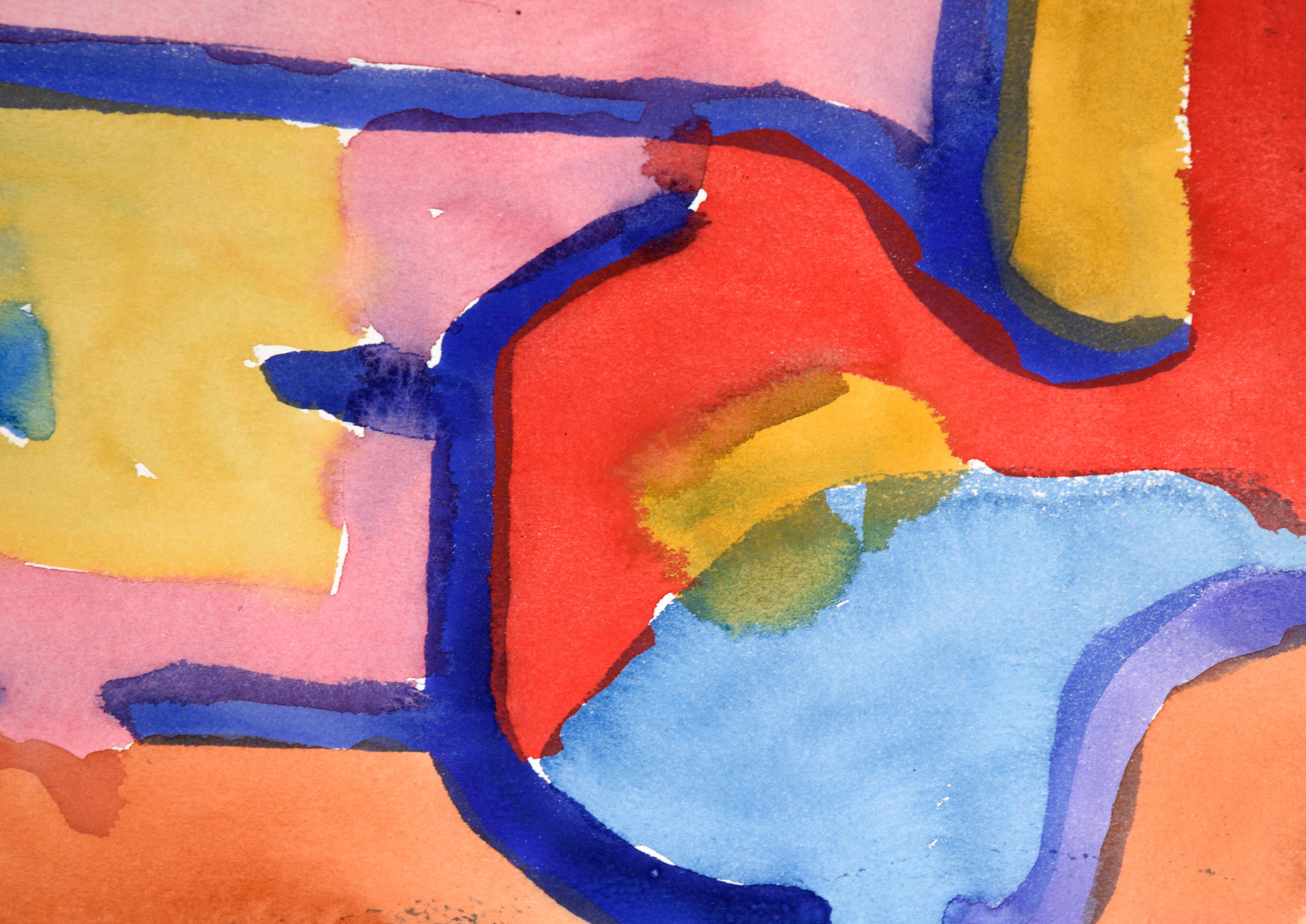 Blu, rosa e rosso astratto in acquerello su carta

Un audace acquerello espressionista astratto di Les (Leslie Luverne) Anderson (americano, 1928-2009). Le sezioni luminose di giallo, rosa, arancione e rosso sono divise da linee blu scuro. Sebbene