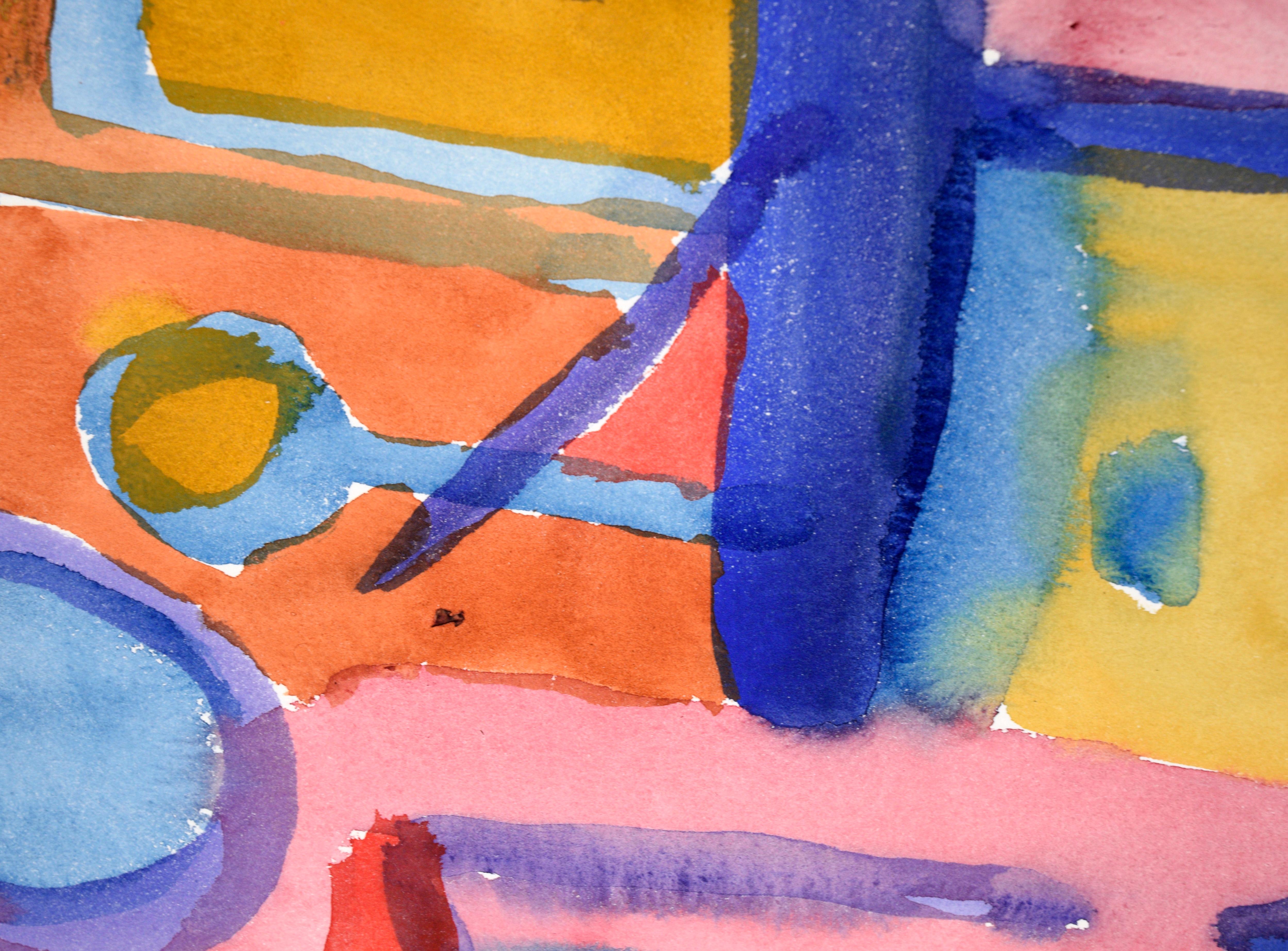 Abstraktes Aquarell in Blau, Rosa & Rot auf Papier (Braun), Abstract Drawing, von Les Anderson