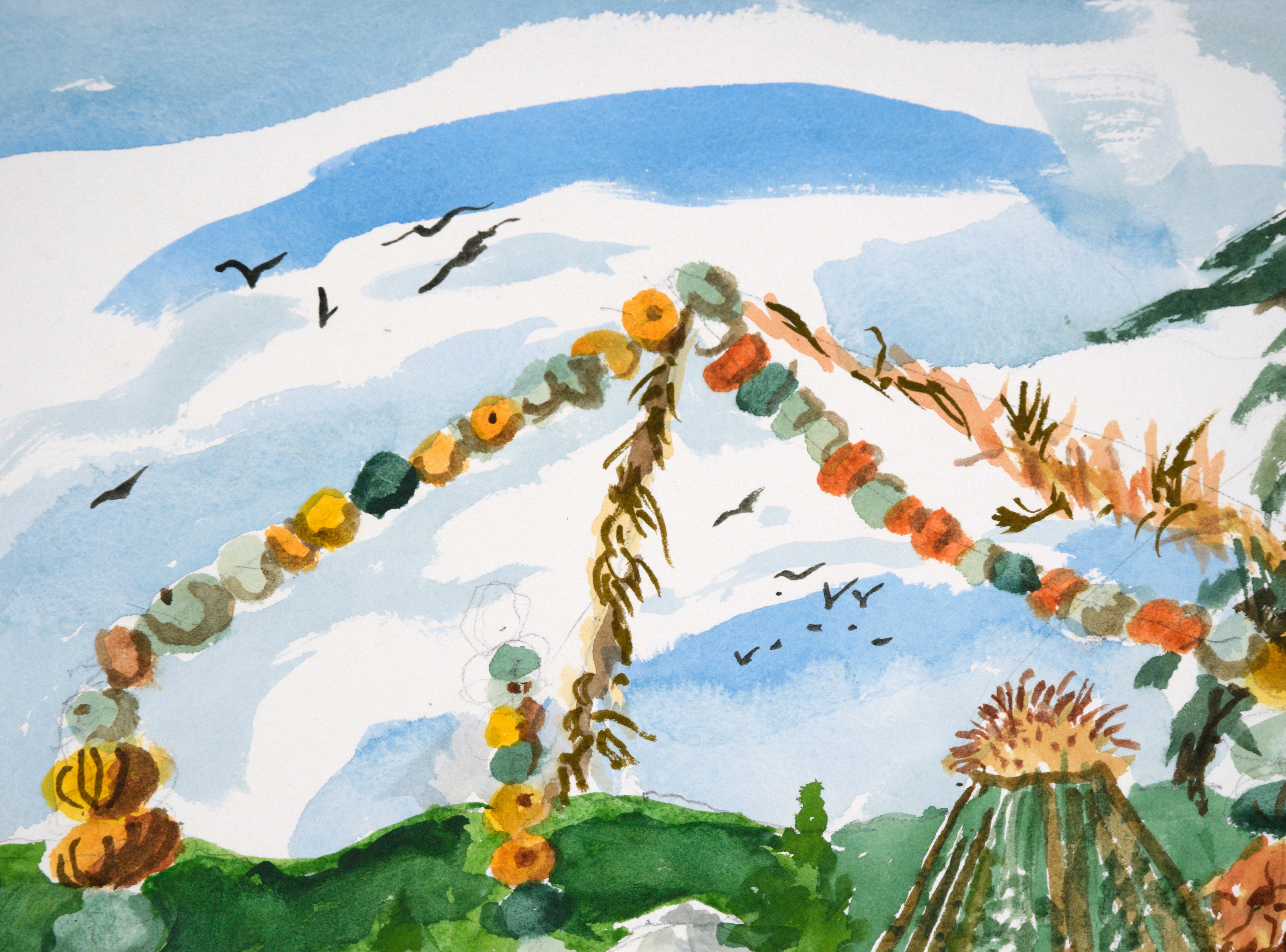 Farm in Autumn with Pumpkins in Watercolor on Heavy Paper  - Art by Les Anderson