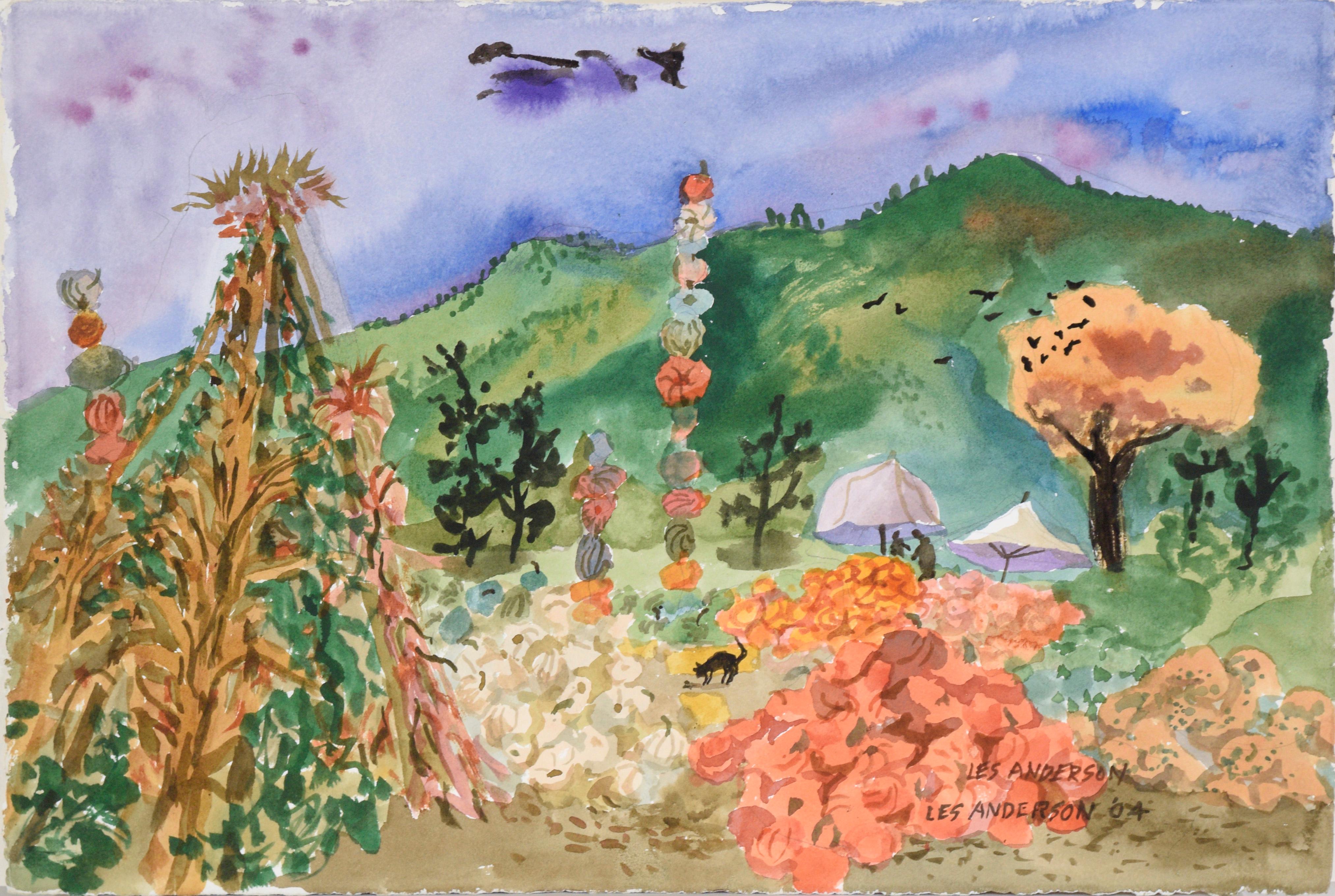 Farm in Autumn with Corn and Pumpkins in Watercolor on Heavy Paper 