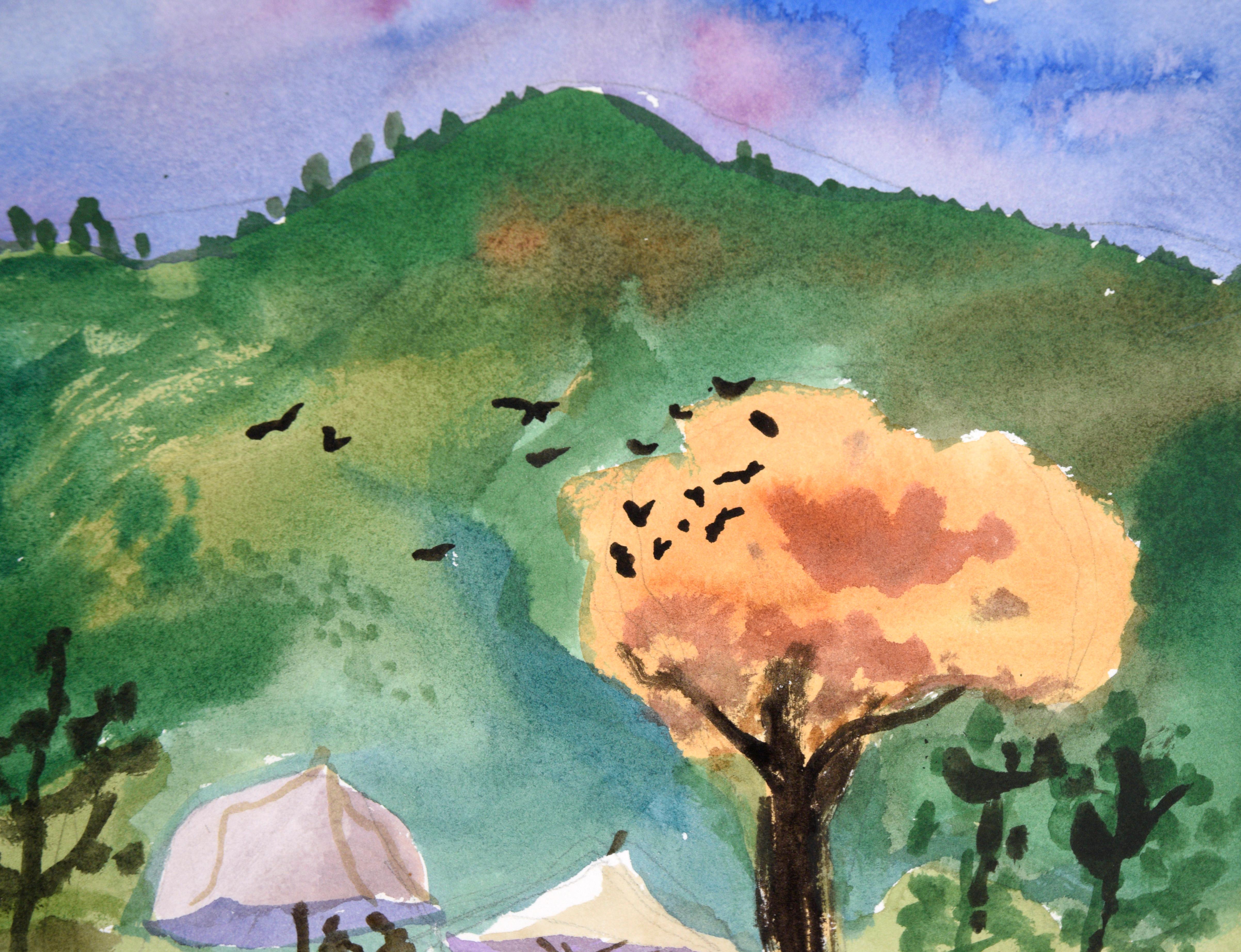 Bauernhof im Herbst mit Mais und Kürbissen in Aquarell auf schwerem Papier

Farbenfrohe Landschaft eines Bauernhofs im Herbst mit Kürbissen von Les (Leslie Luverne) Anderson (Amerikaner, 1928-2009). Ein Bauernhof ist für ein Herbstfest geschmückt,