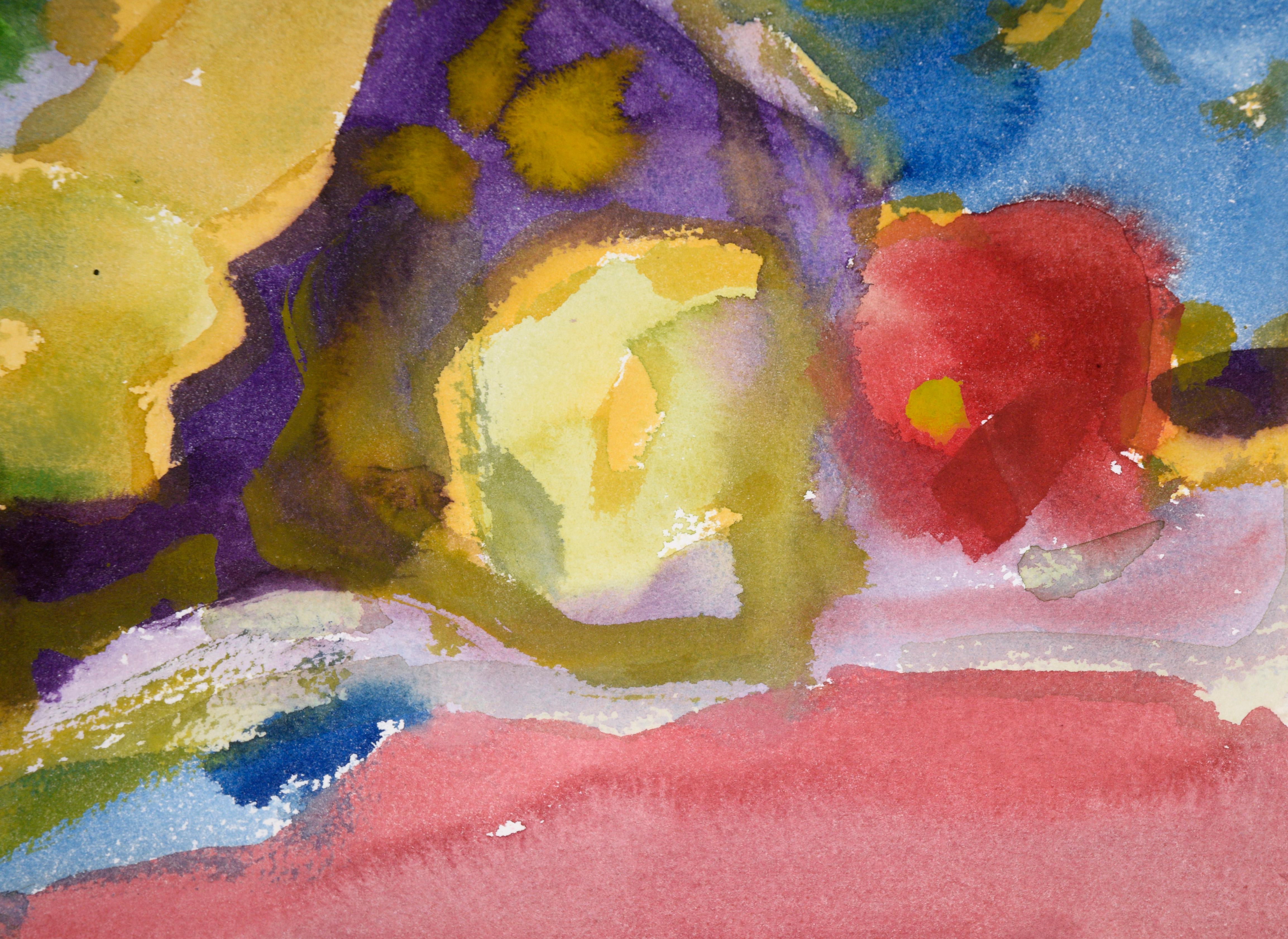 Nature morte abstraite avec fruits à l'aquarelle sur papier

Nature morte colorée avec des fruits de Les (Leslie Luverne) Anderson (américain, 1928-2009). Plusieurs fruits semblent posés sur une table recouverte d'une nappe violette. La scène est
