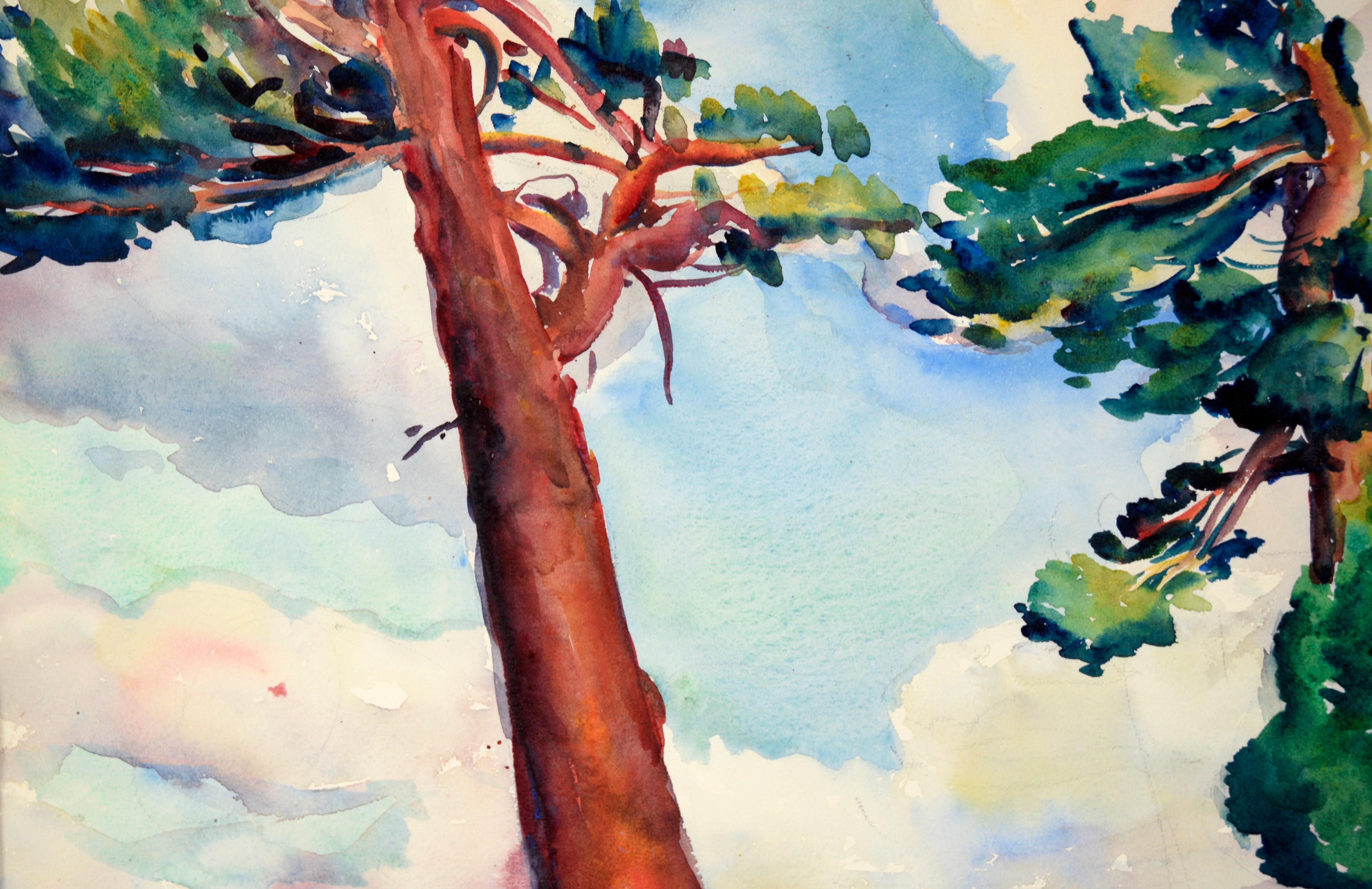 Küstenlandschaft mit Bäumen in Aquarellfarbe auf Papier – Art von Lucile Marie Johnston