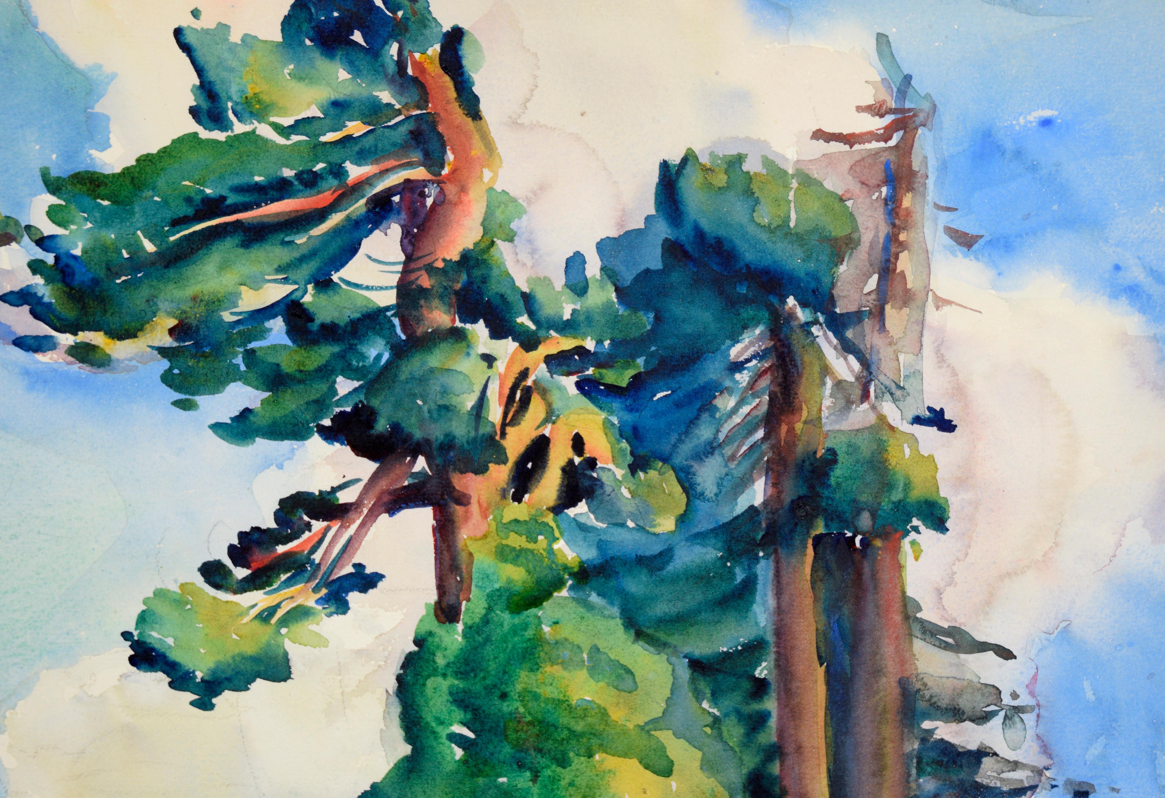Küstenlandschaft mit Bäumen in Aquarellfarbe auf Papier (Amerikanischer Impressionismus), Art, von Lucile Marie Johnston