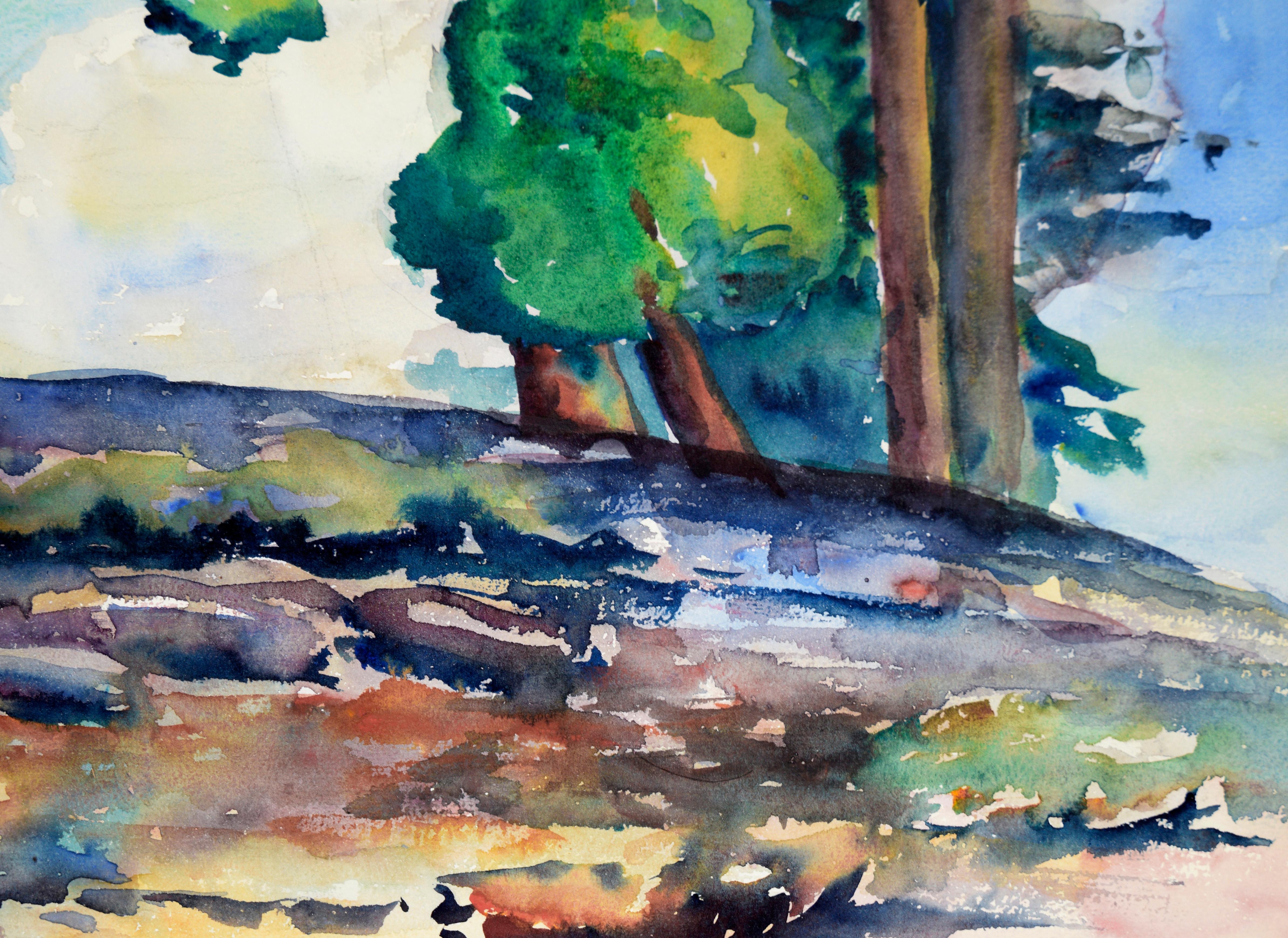 Küstenlandschaft mit Bäumen in Aquarellfarbe auf Papier

Eine lebhafte Aquarelllandschaft mit hoch aufragenden Nadelbäumen vor einem strahlend blauen und wolkenverhangenen Himmel, von der kalifornischen Künstlerin Lucile Marie Johnston (1907-1994,
