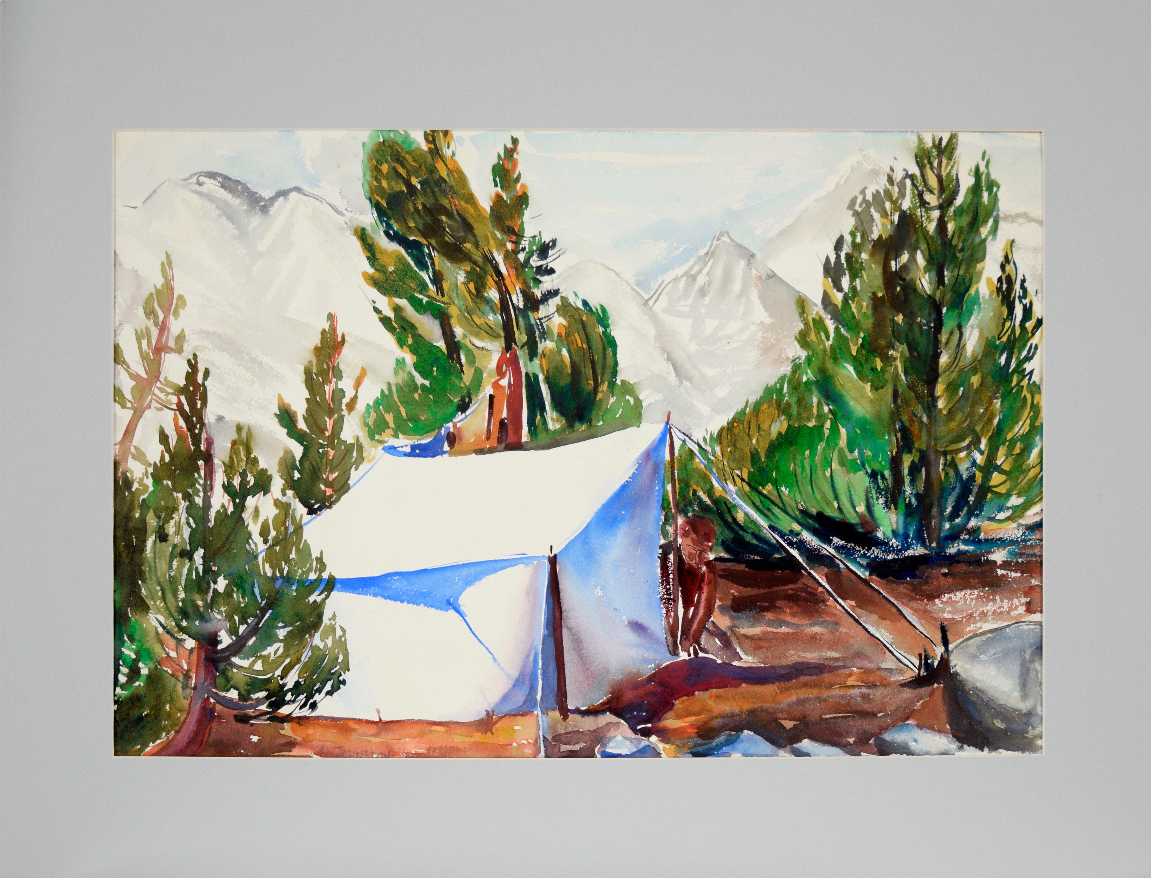 Landscape Art Lucile Marie Johnston - Staking a Tent, paysage moderniste à l'aquarelle sur papier