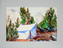 Staking a Tent, Modernist Landscape in Watercolor on Paper