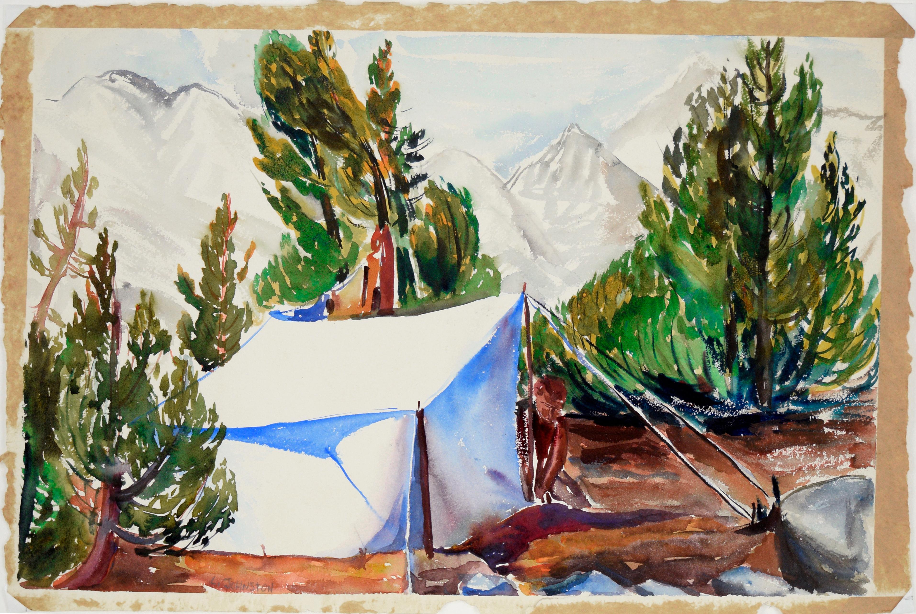 Staking a Tent, paysage moderniste à l'aquarelle sur papier en vente 3