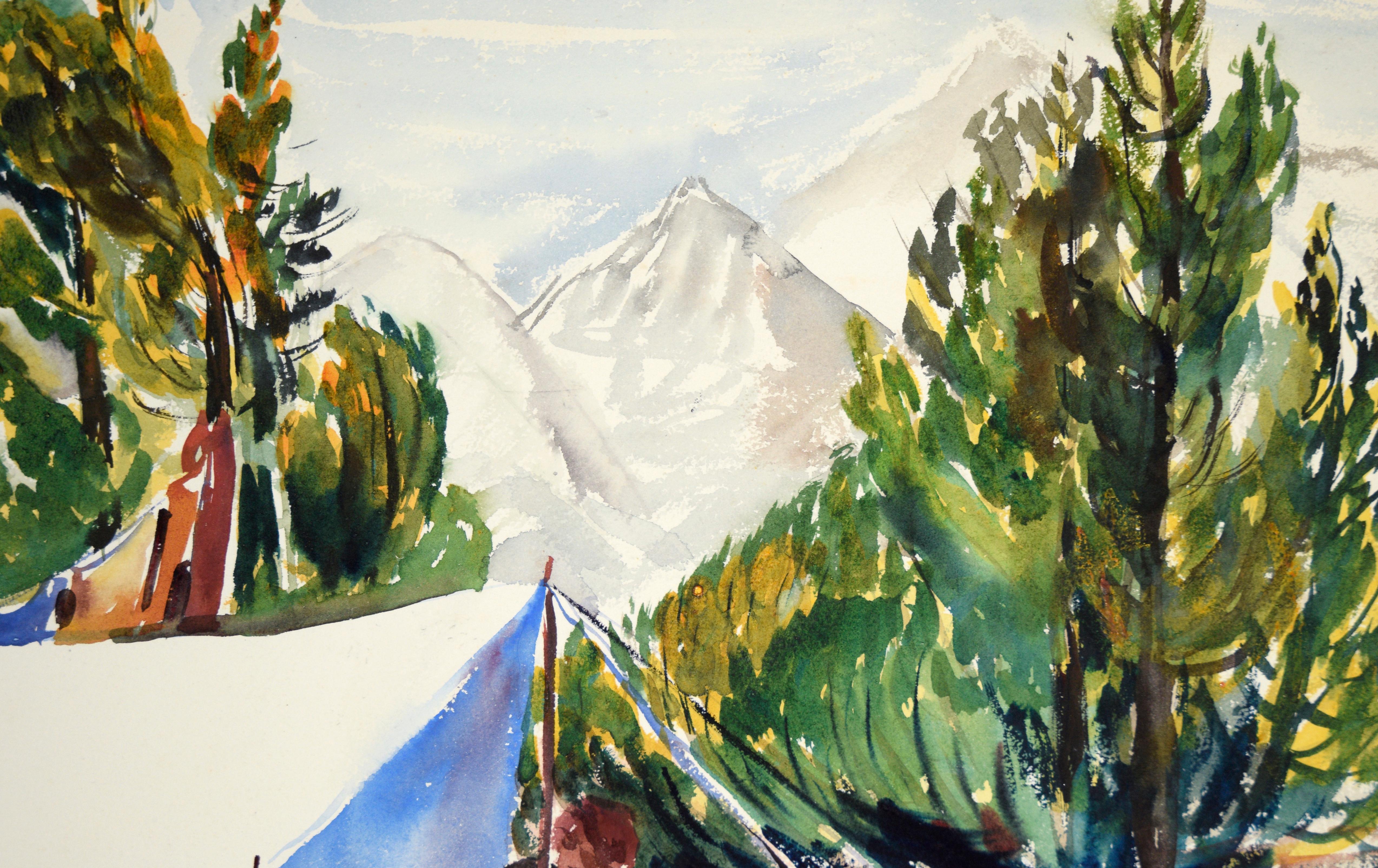 Staking a Tent, paysage moderniste à l'aquarelle sur papier - Impressionnisme américain Art par Lucile Marie Johnston