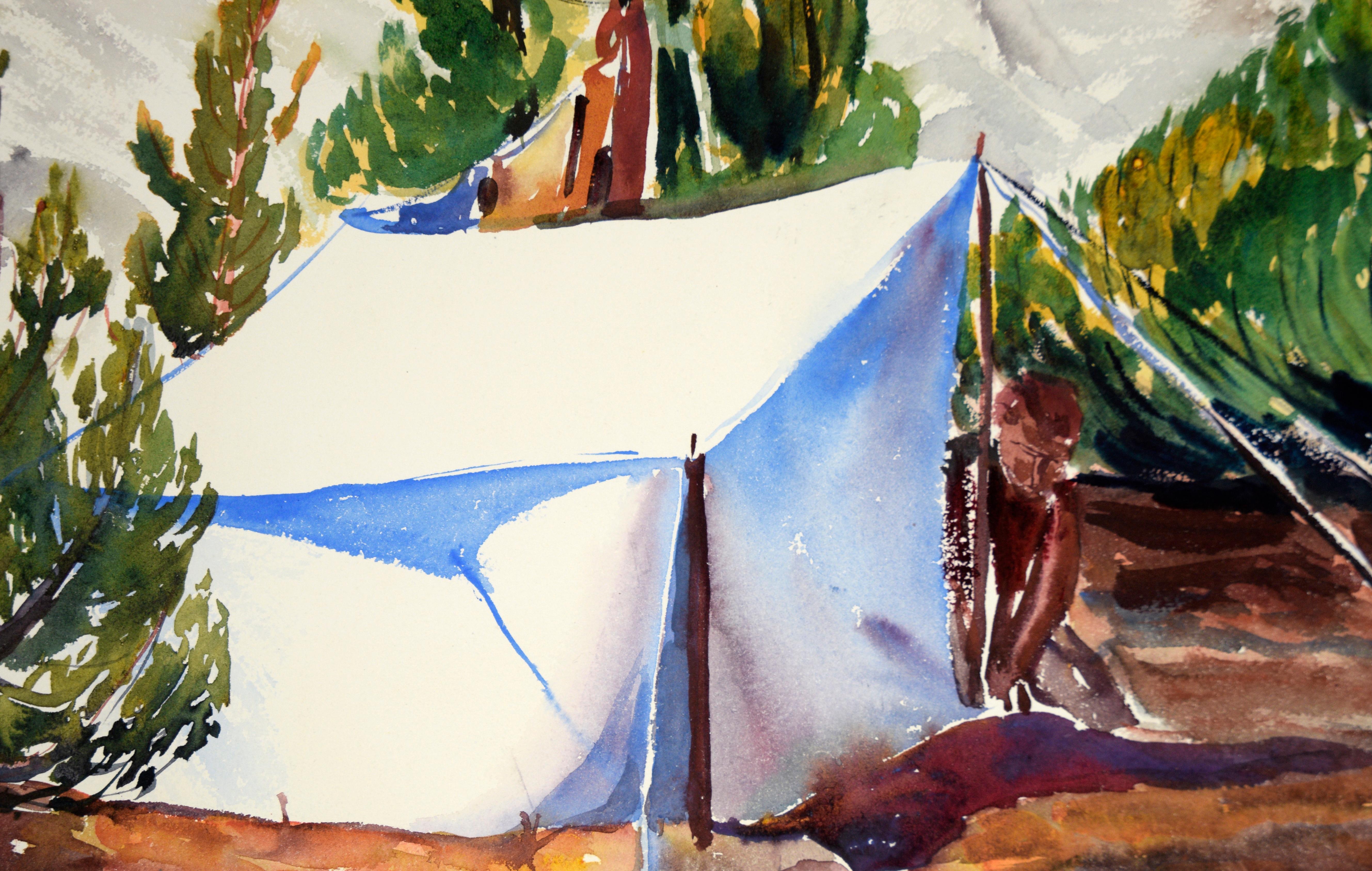 Staking a Tent, Modernist Landscape in Watercolor on Paper

A vibrant watercolor landscape with a person staking a tent amongst low coniferous trees with distant snow-capped mountains in the background, by California artist, Lucile Marie Johnston