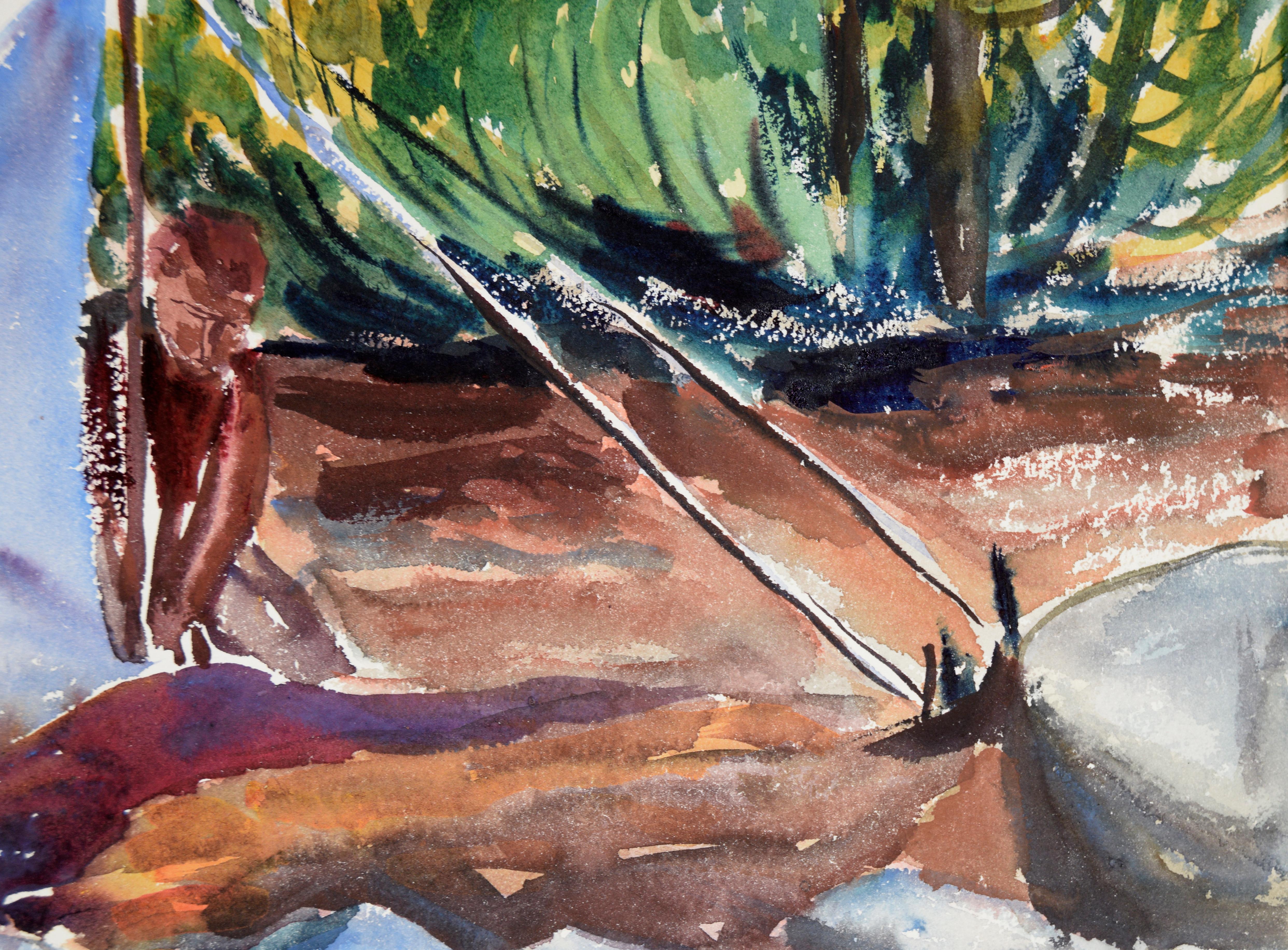 Staking a Tent, Modernist Landscape in Watercolor on Paper For Sale 1
