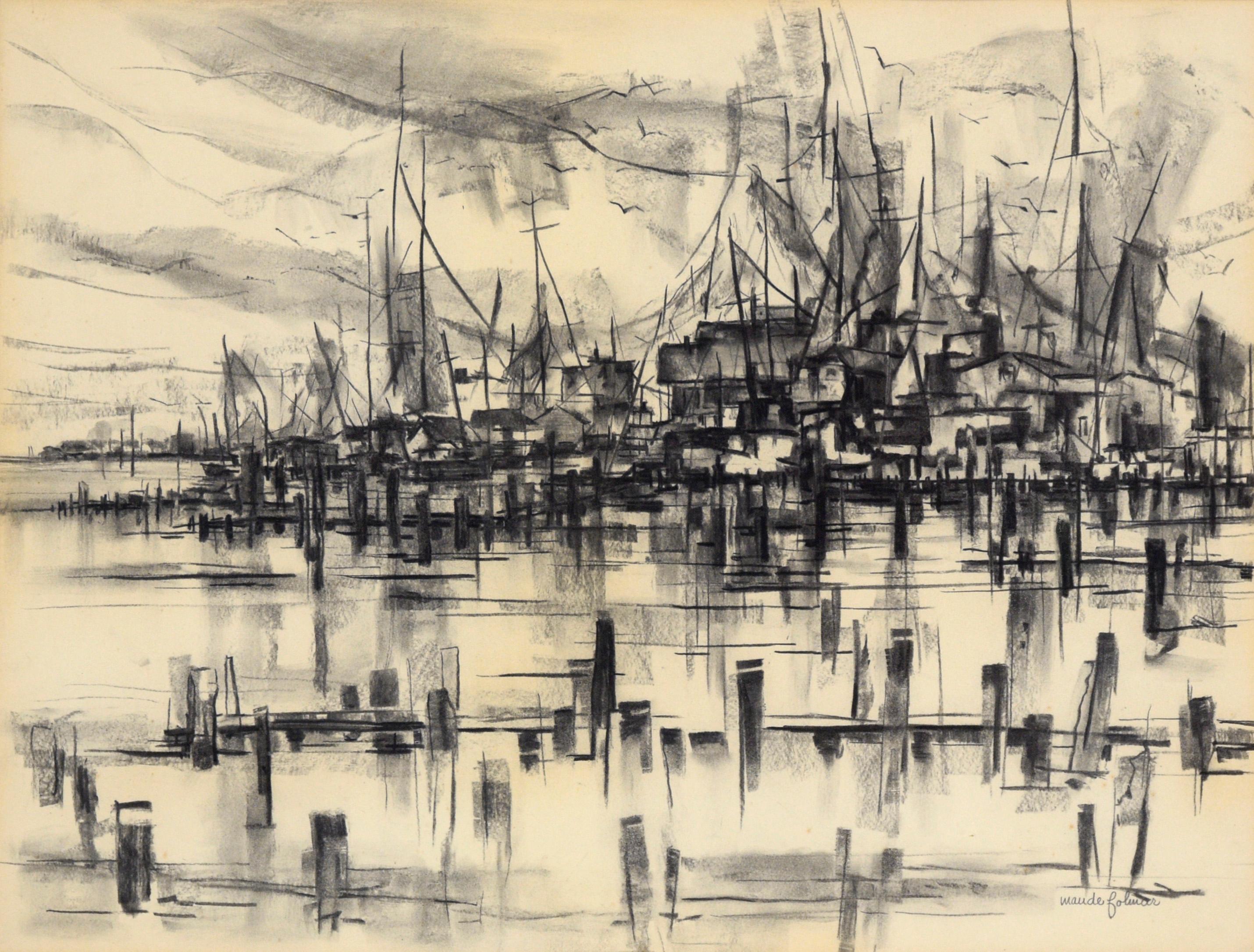 Ships at the Harbor - Paysage marin avec mouettes en charbon de mer sur papier - Art de Maude Folmar Ramsey