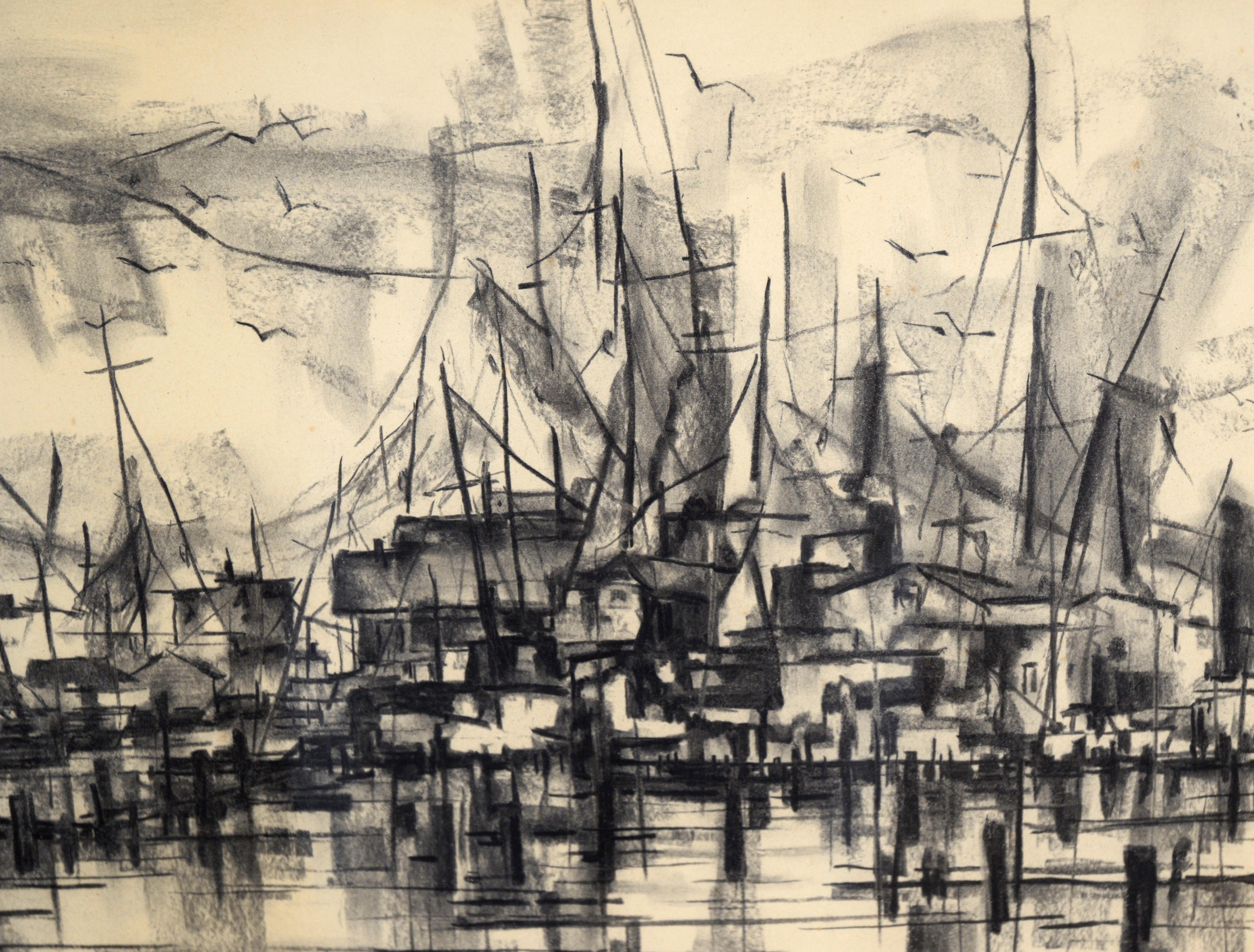 Ships at the Harbor - Nautical Seascape with Seagulls in Charcoal on Paper - American Impressionist Art by Maude Folmar Ramsey