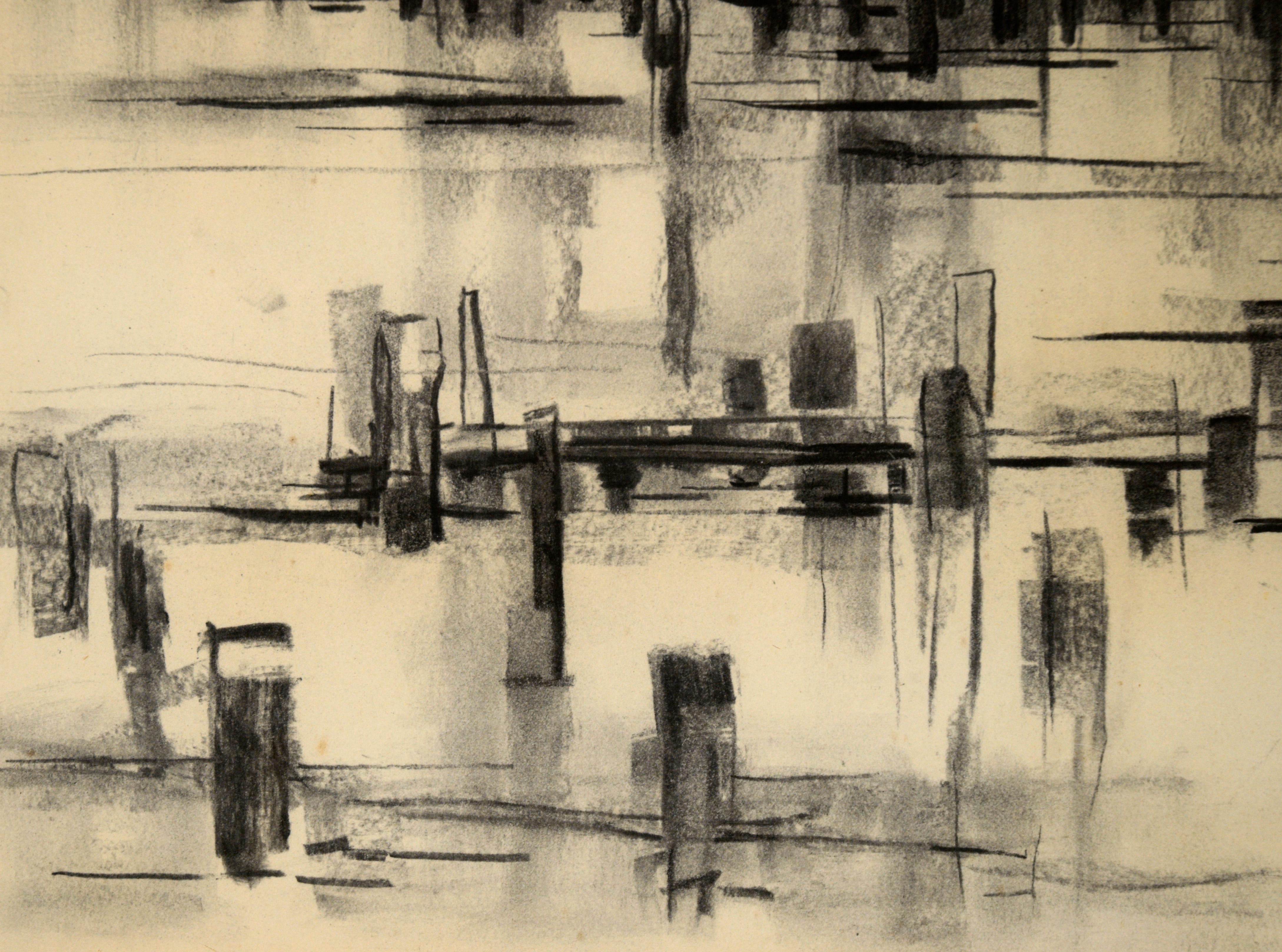Ships at the Harbor - Nautical Seascape with Seagulls in Charcoal on Paper For Sale 2