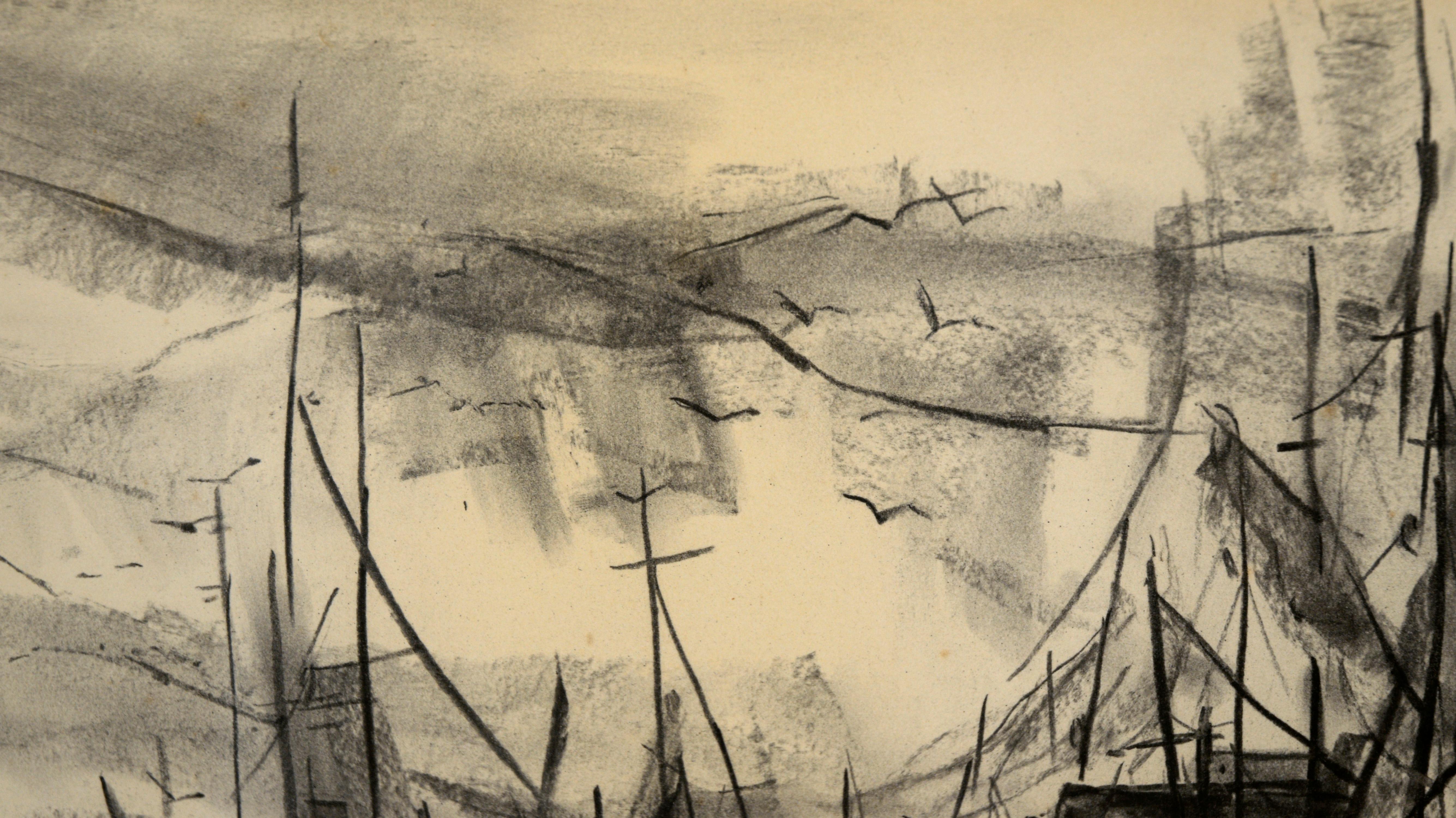 Ships at the Harbor - Nautical Seascape with Seagulls in Charcoal on Paper For Sale 1
