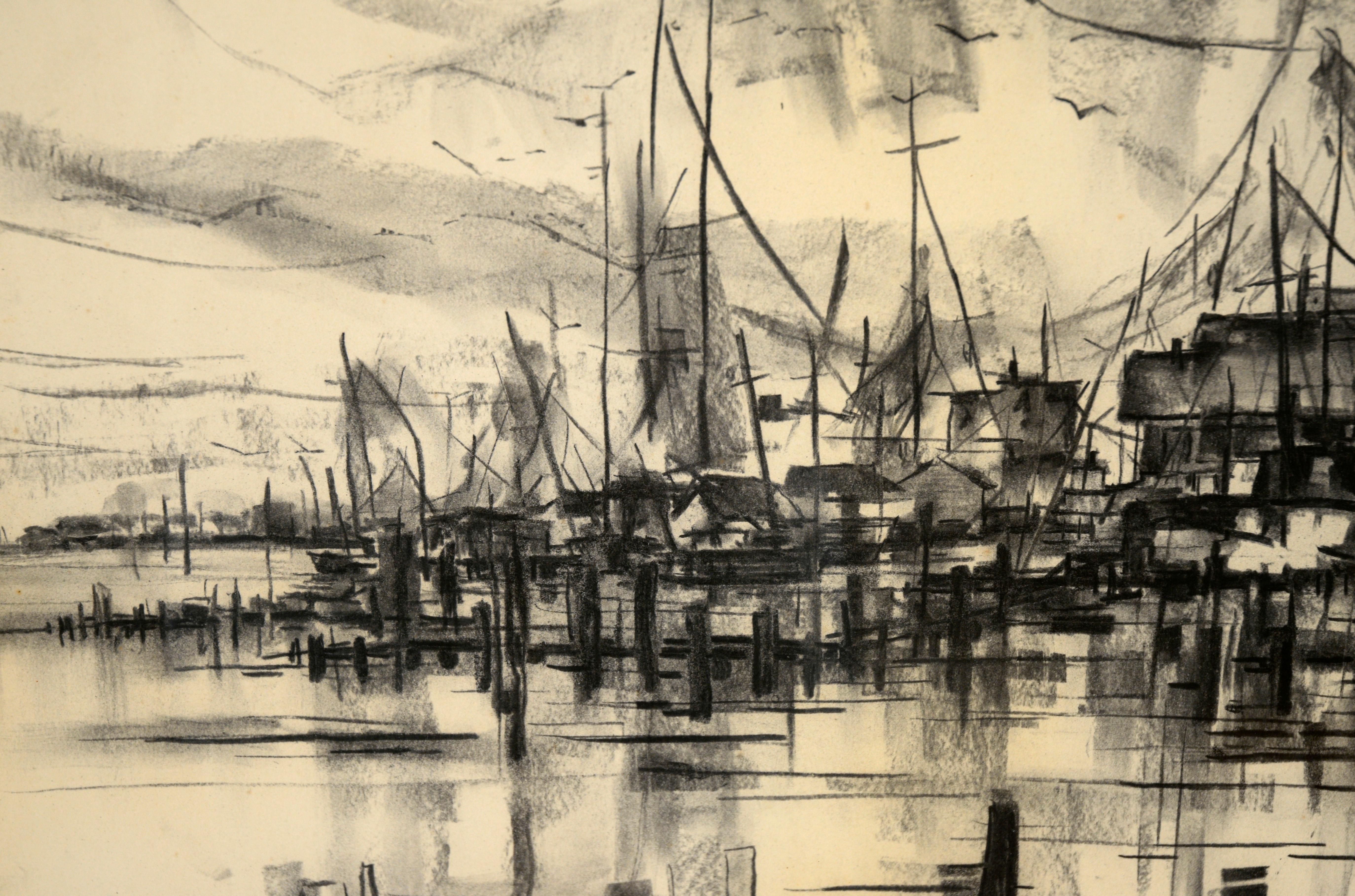 Ships at the Harbor - Nautical Seascape in Charcoal on Paper

Detailed and layered harbor scene by Maude Folmar Ramsey (American, 1908-1993). The viewer is looking out at the harbor, across the water from the docks, buildings, and ships. The