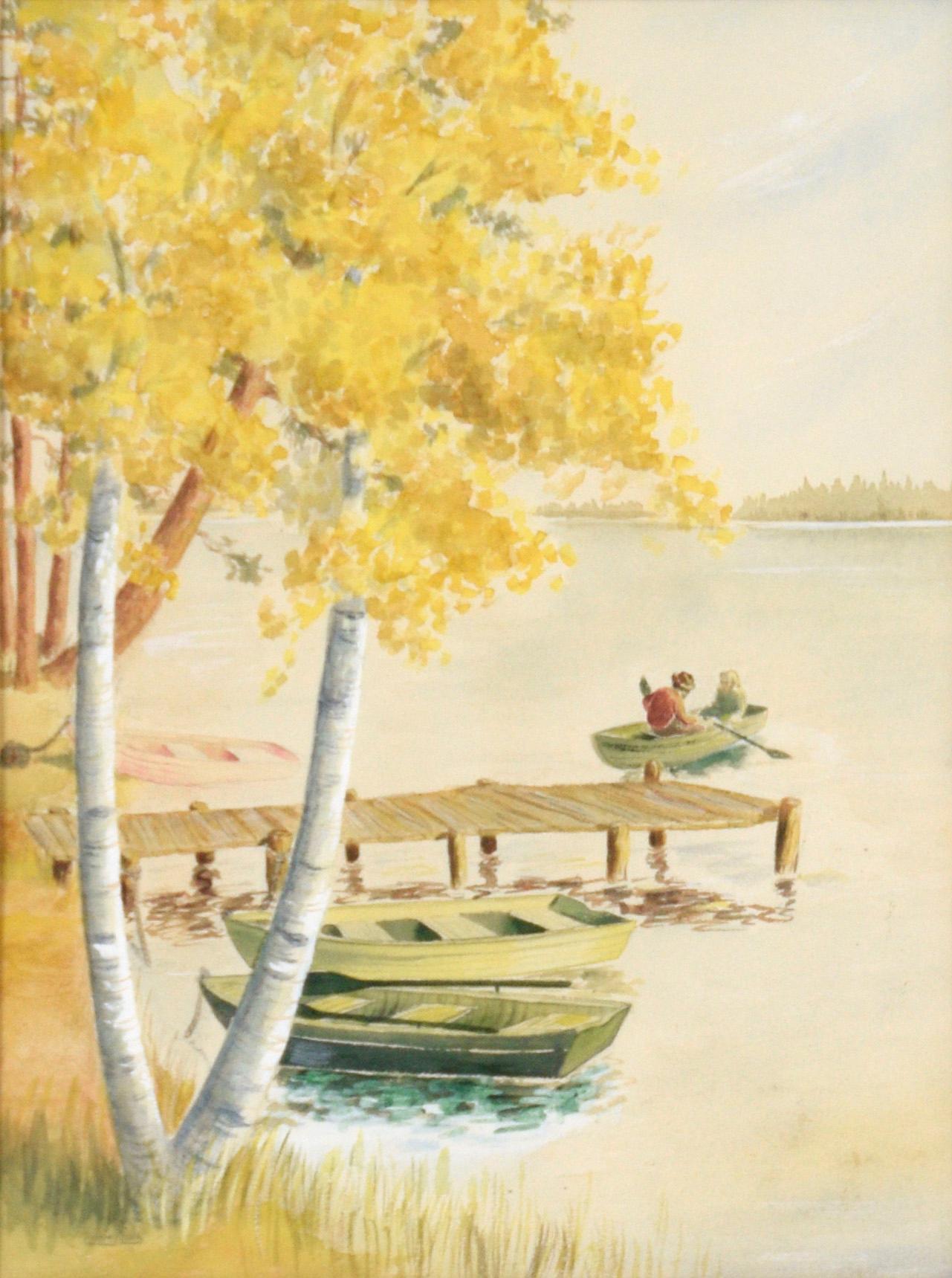 Paseo en barca de remos - Paisaje otoñal con barcas de remos en acuarela sobre papel - Art de Audrey Balk