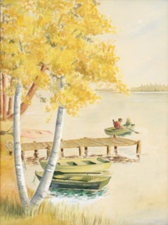 Rowboat Outing - Fall Landscape with Rowboats in Watercolor on Paper