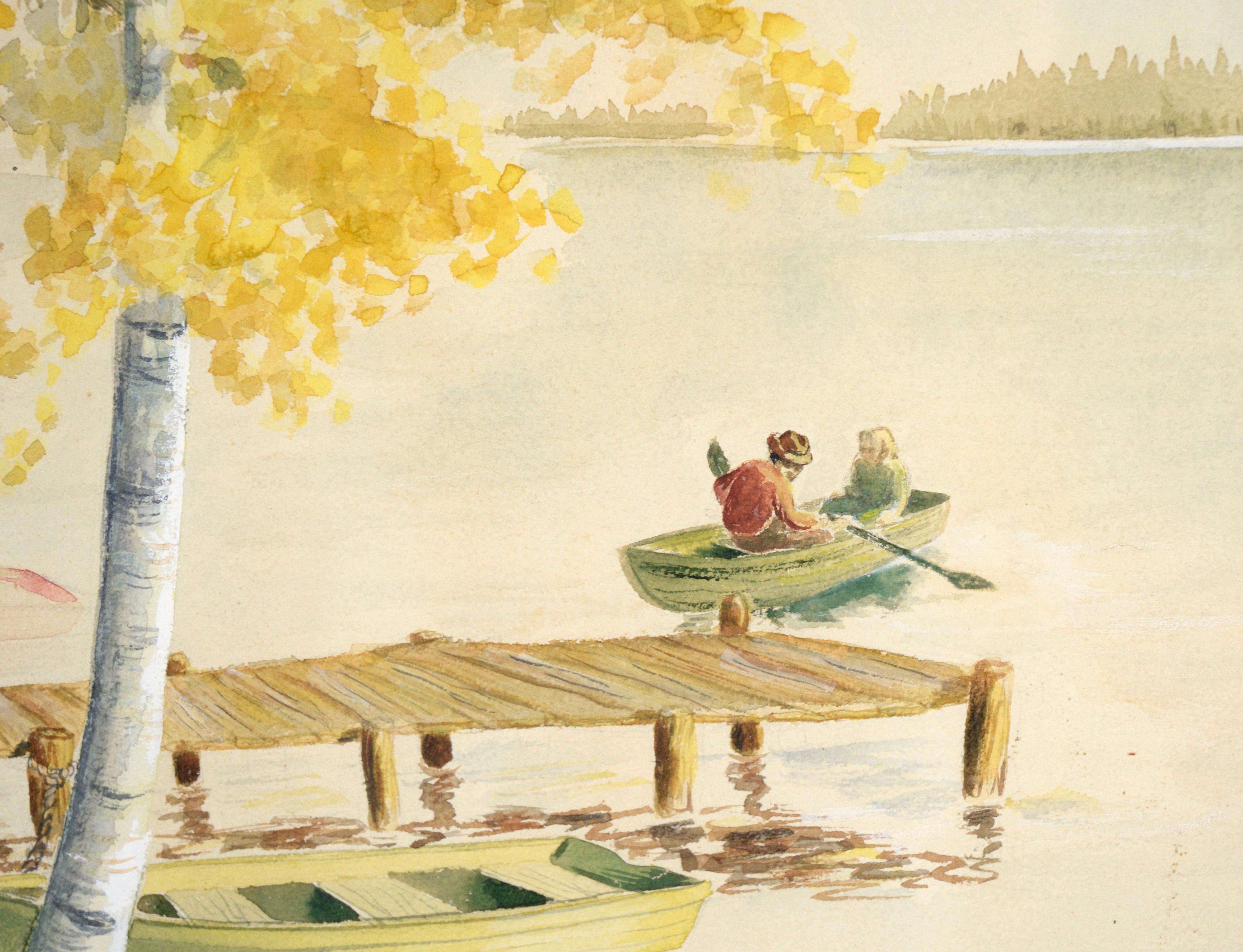 Rowboat Outing - Fall Landscape with Rowboats in Watercolor on Paper

Serene lakeside landscape by an unknown artist (20th Century). Two birch trees with bright yellow leaves are growing at the edge of the lake. In the lake, a rowboat with two