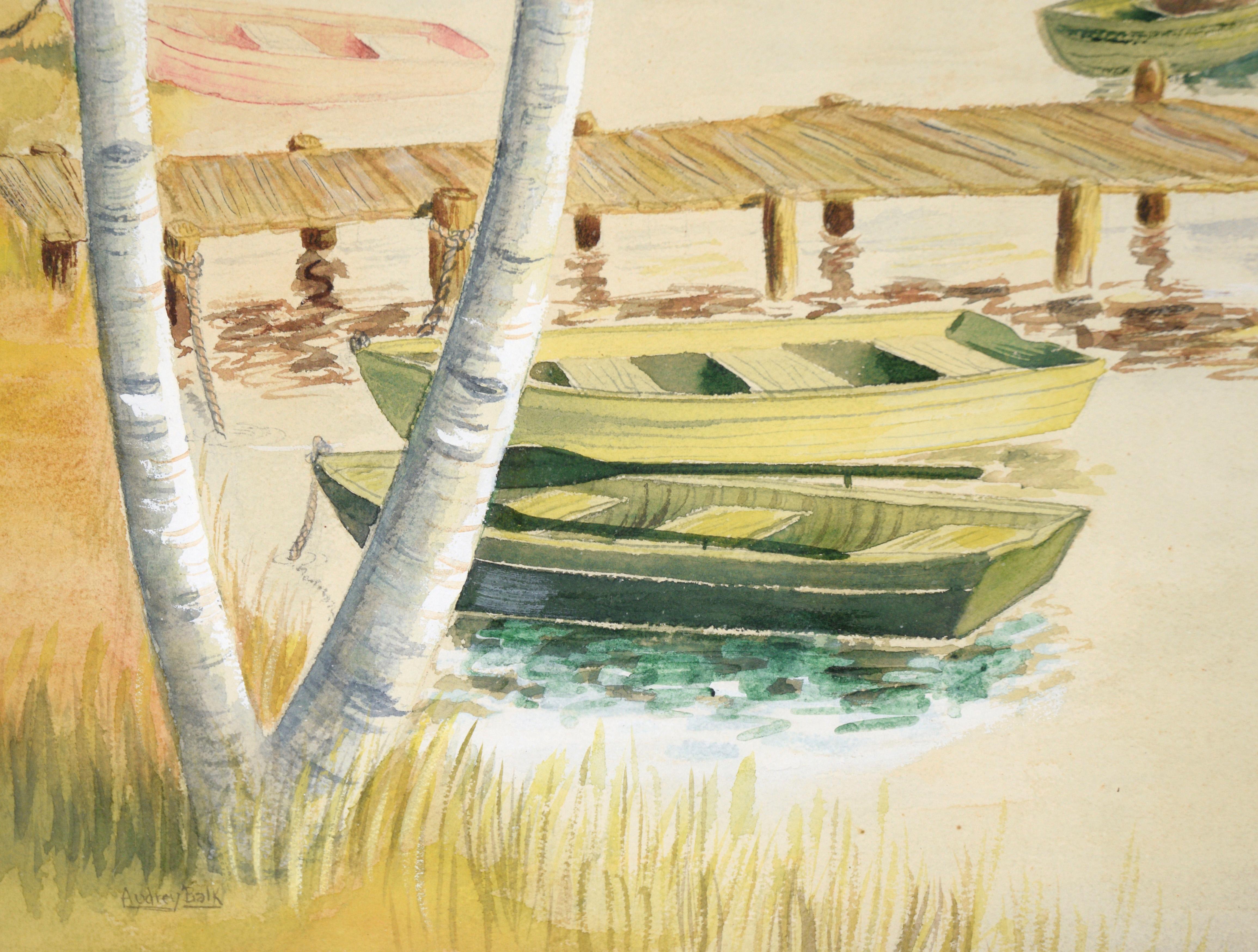 Rowboat Outing - Fall Landscape with Rowboats in Watercolor on Paper For Sale 1