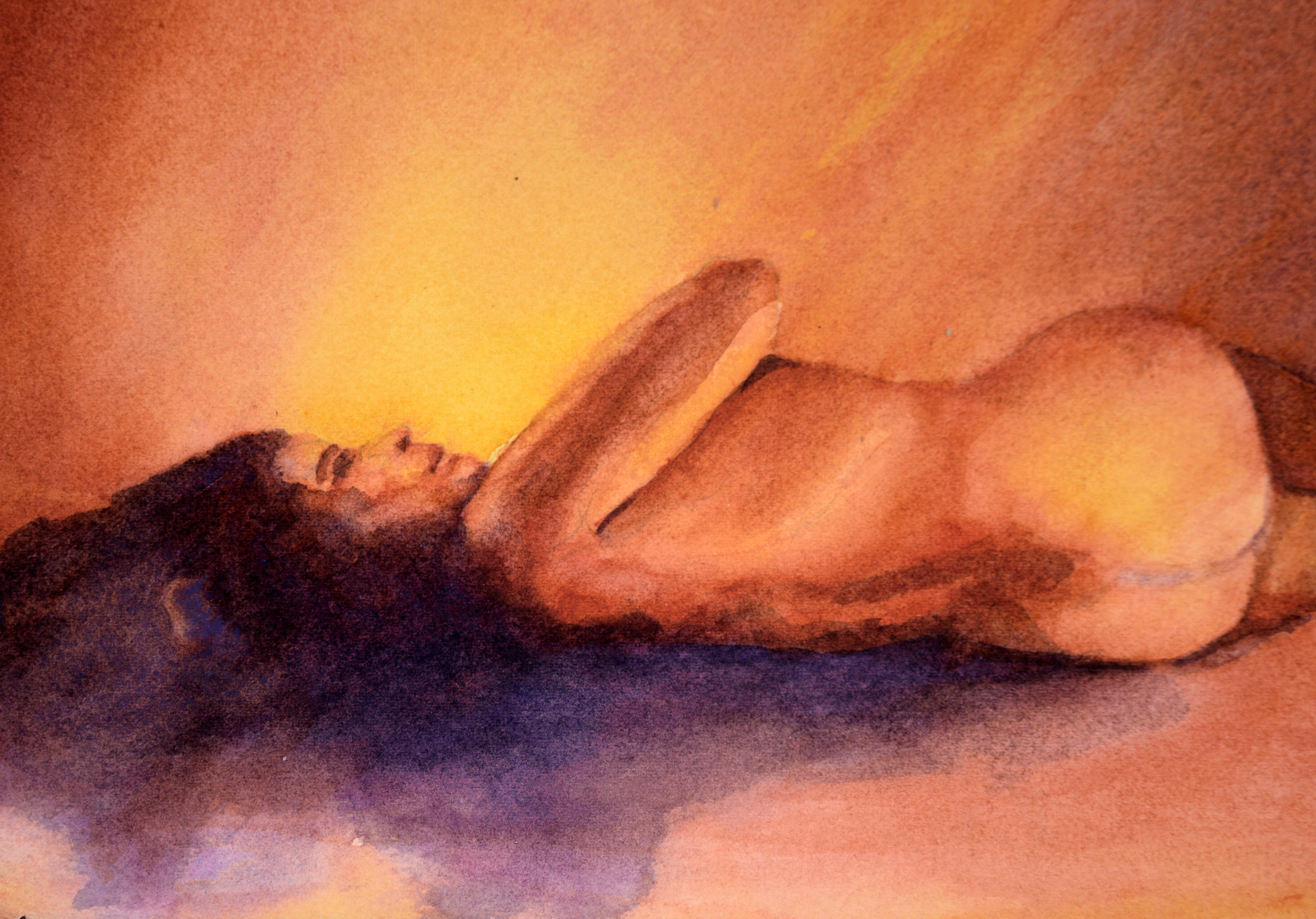 Modernist Original Watercolor Painting - Reclining Nude Female Figure Study 

Reclining nude female figure set on a low, moody horizon in sunset colors of deep, shadowy purple to warm hues of yellow and ochre, by Annette Ripplinger (American,