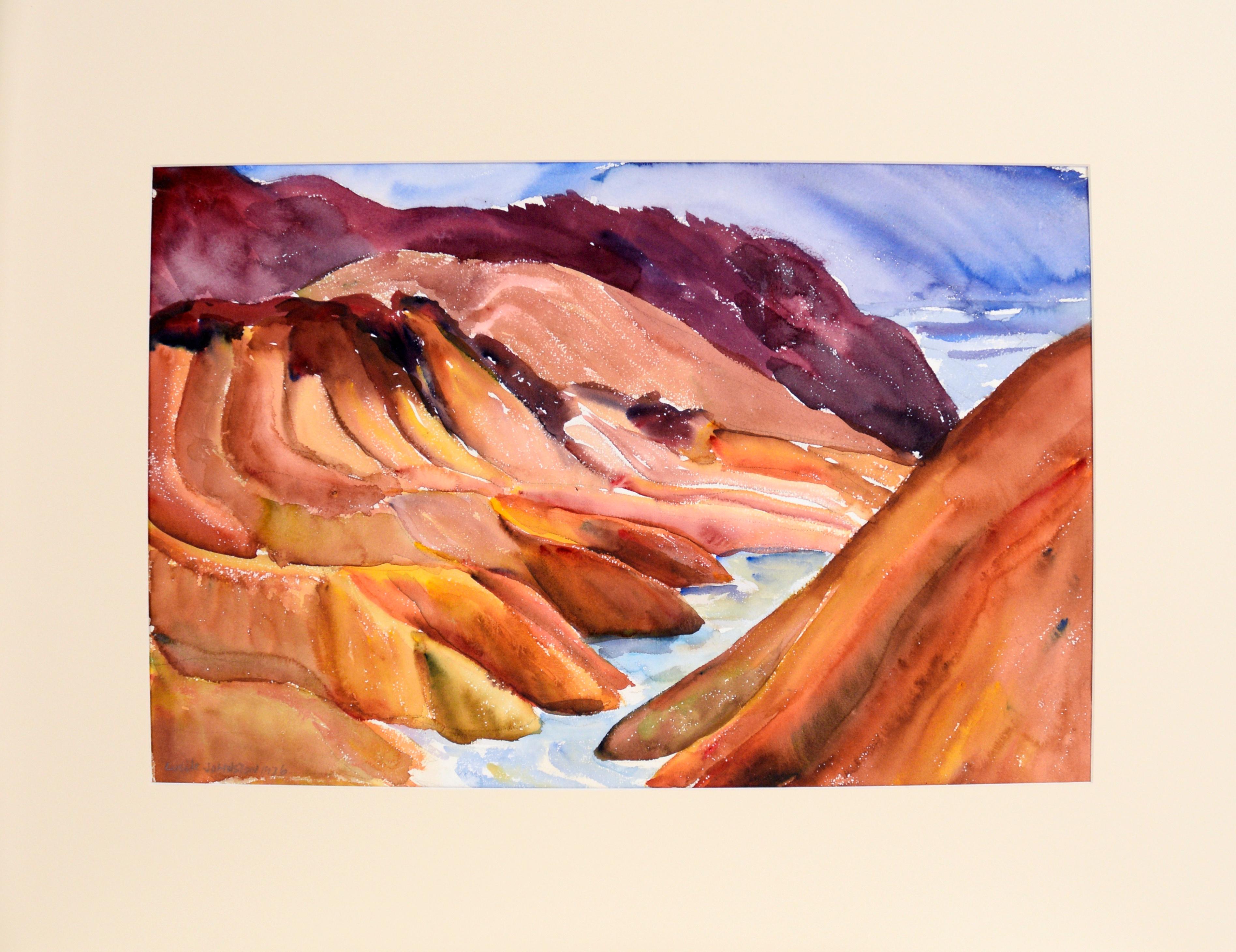 Lucile Marie Johnston Landscape Art - Red Rock Canyon River, Modernist Landscape in Watercolor on Paper