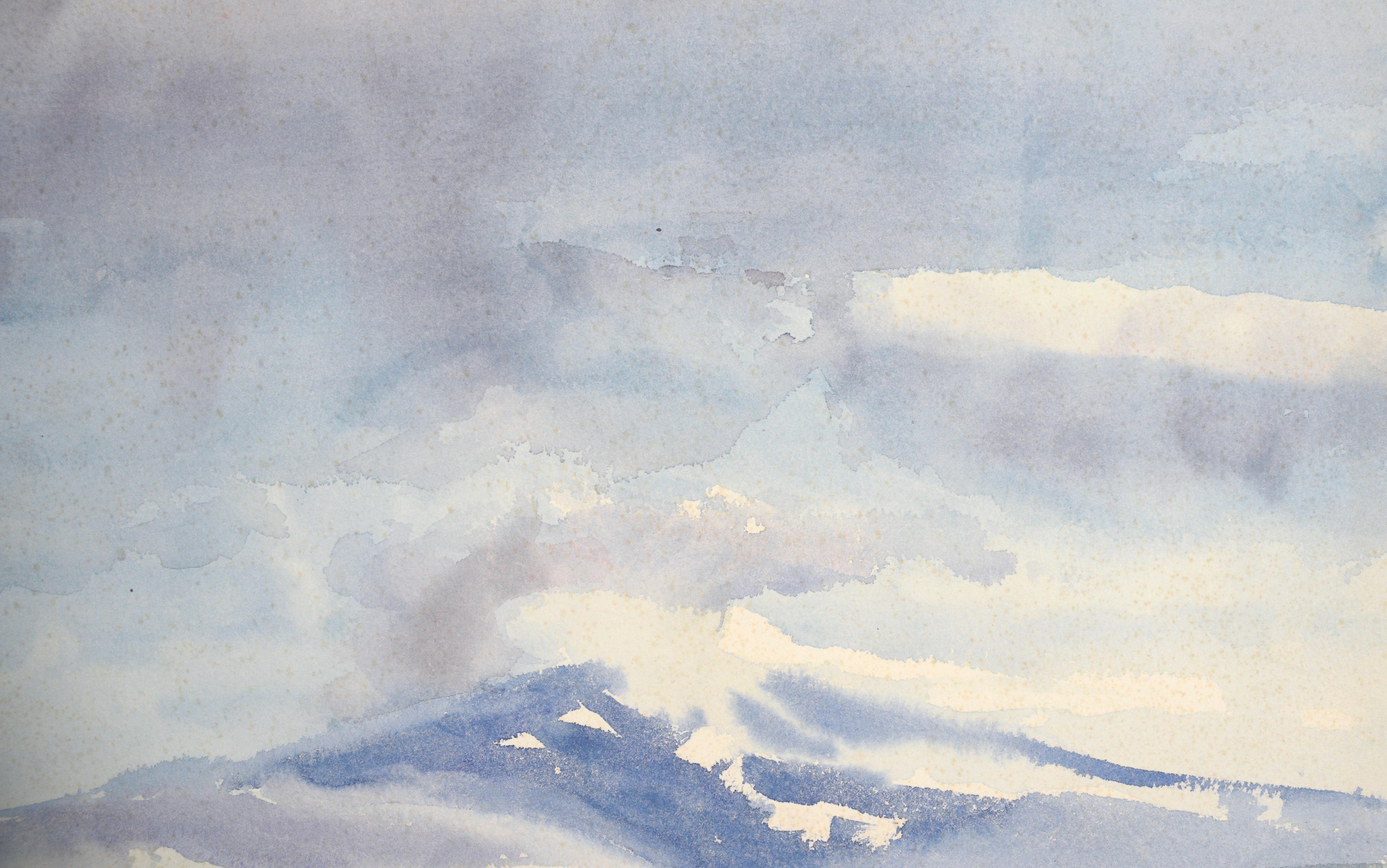 Blue Mountain Landscape in Watercolor on Paper, Double-Sided Art

A pastel watercolor landscape with a distant snow-capped mountain, by California artist, Lucile Marie Johnston (1907-1994, American). Double-sided watercolor with modernist sailboat