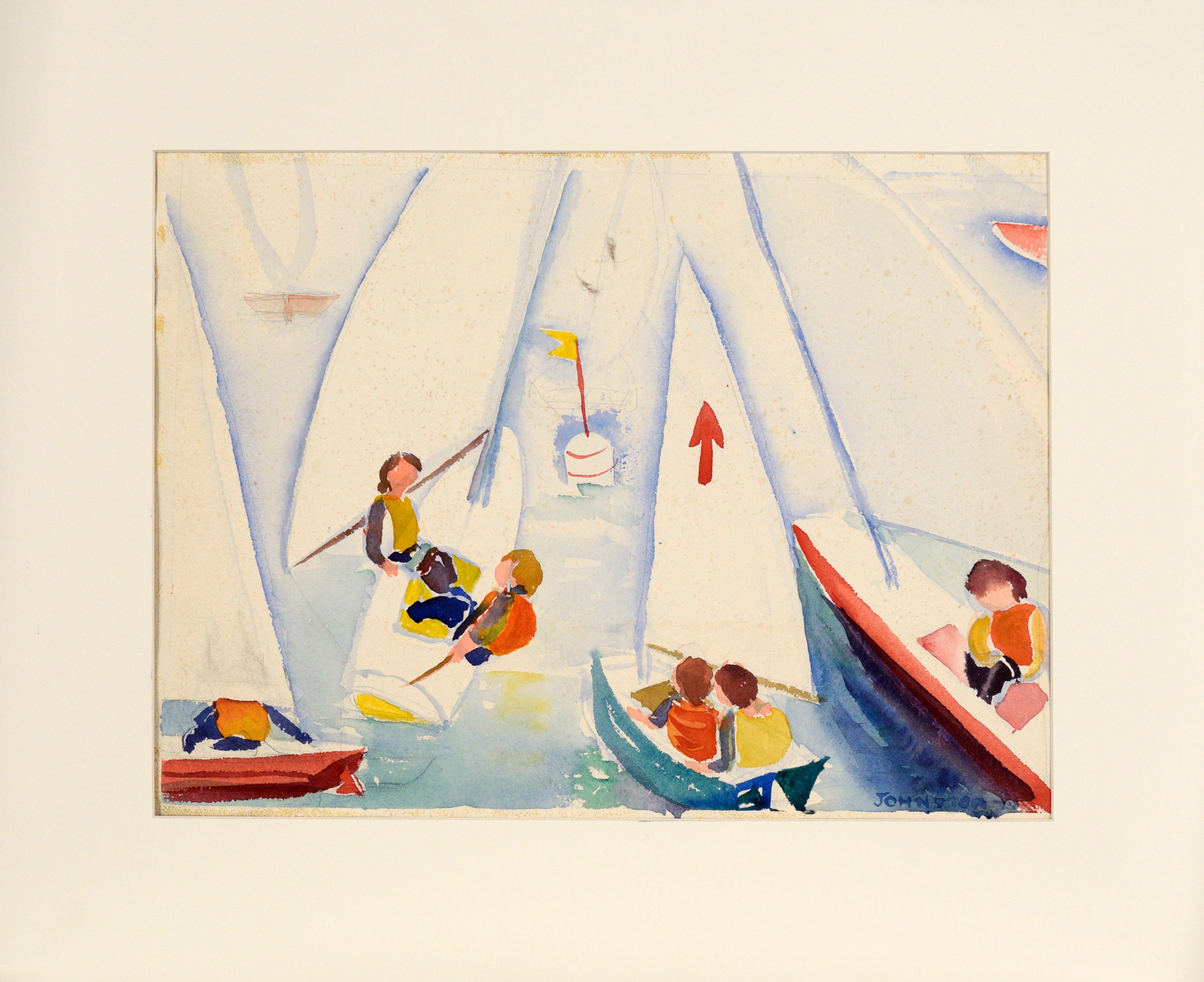 Lucile Marie Johnston Landscape Art - Sailboat Race Modernist Watercolor on Paper, Double-Sided Artwork