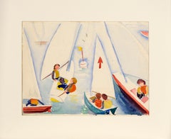 Sailboat Race Modernist Watercolor on Paper, Double-Sided Artwork